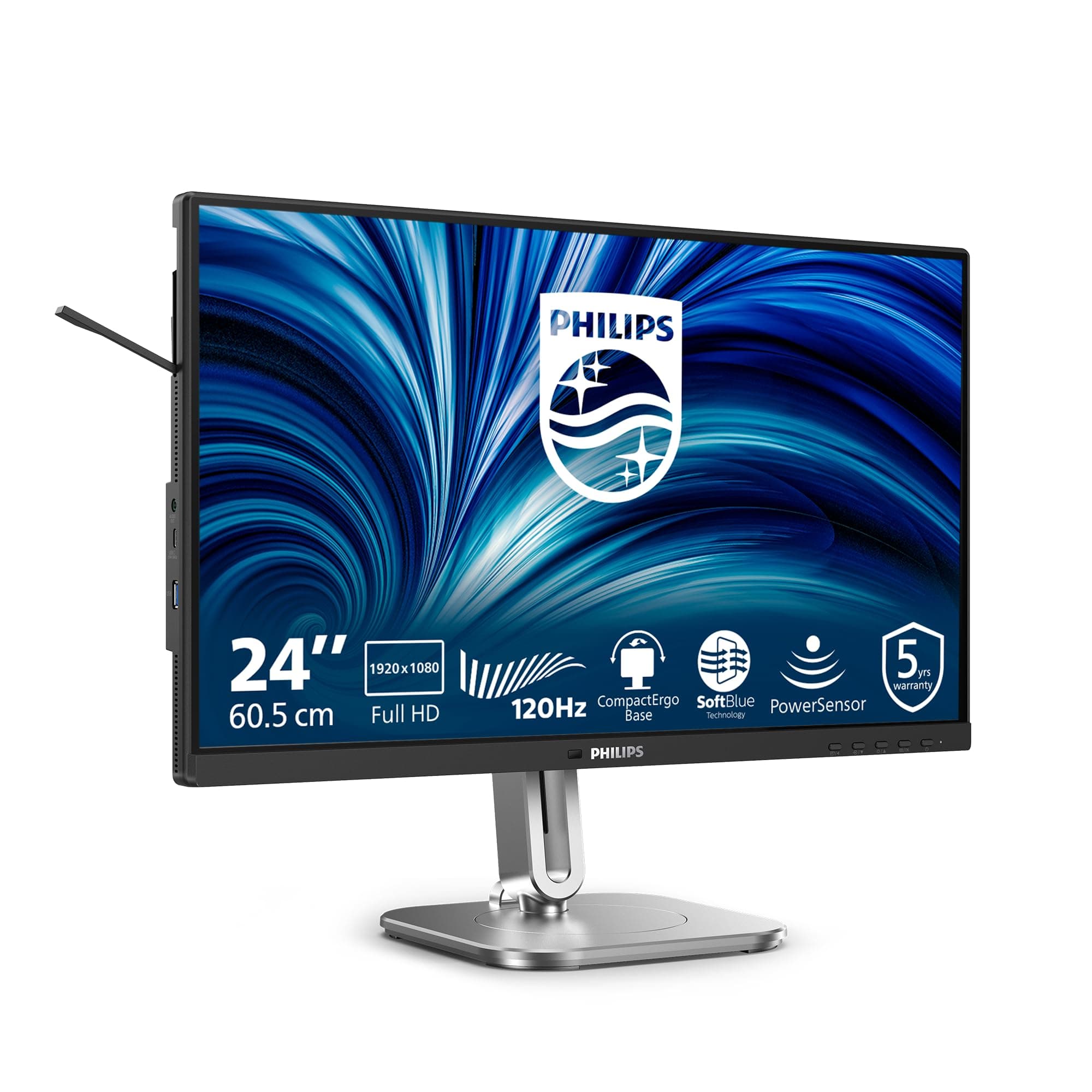Philips 24B2N4200-24 Zoll FHD Monitor, Lautsprecher, höhenverstellbar (1920x1080, 120 Hz, VGA, HDMI 1.4, DisplayPort 1.2, USB Hub) schwarz grau