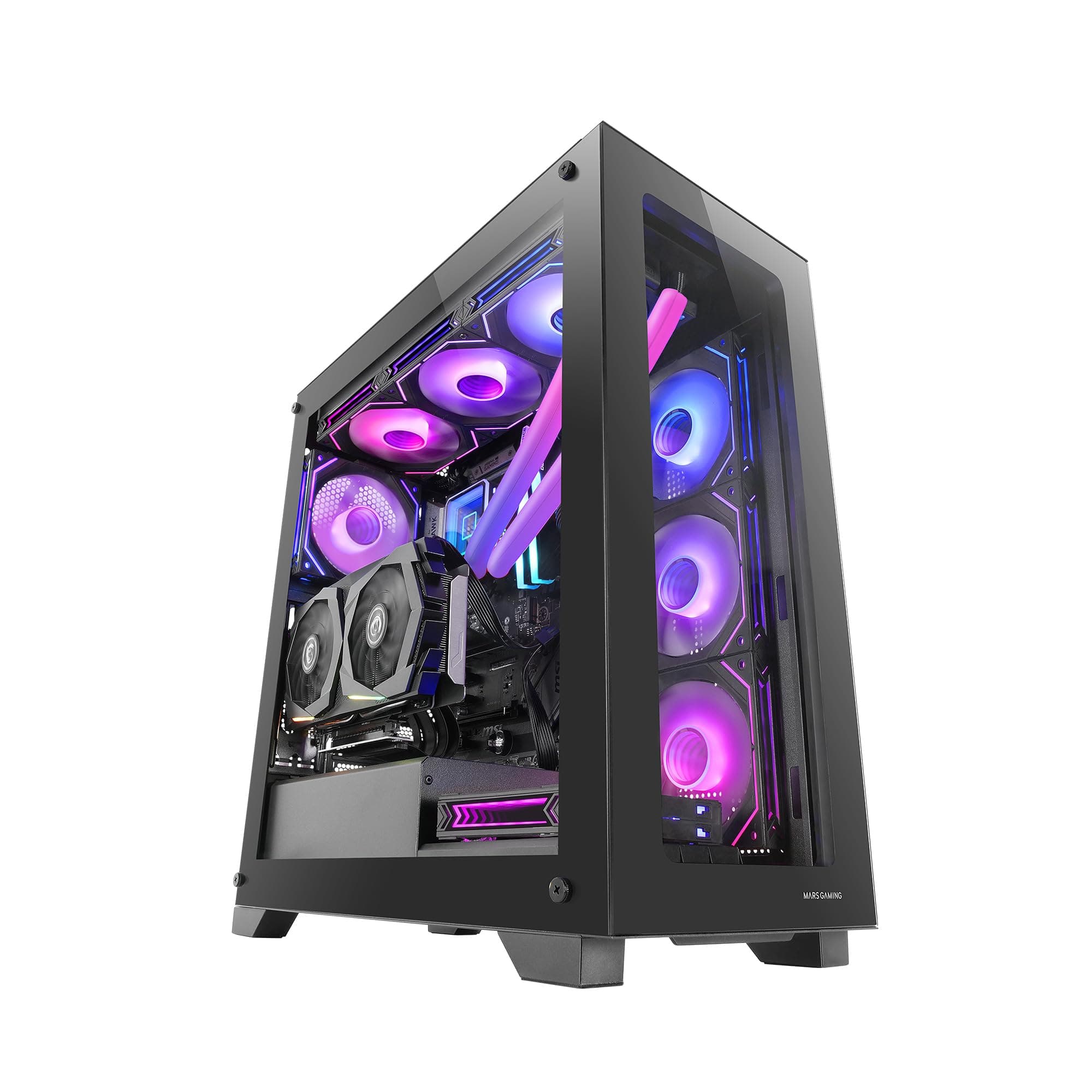 Mars Gaming MC-XP, Custom E-ATX Gehäuse, Dual Window Tempered Glass, Full Liquid Cooling Support, XXL Gaming Tower, Vertical PCIs, USB 3.0, Schwarz