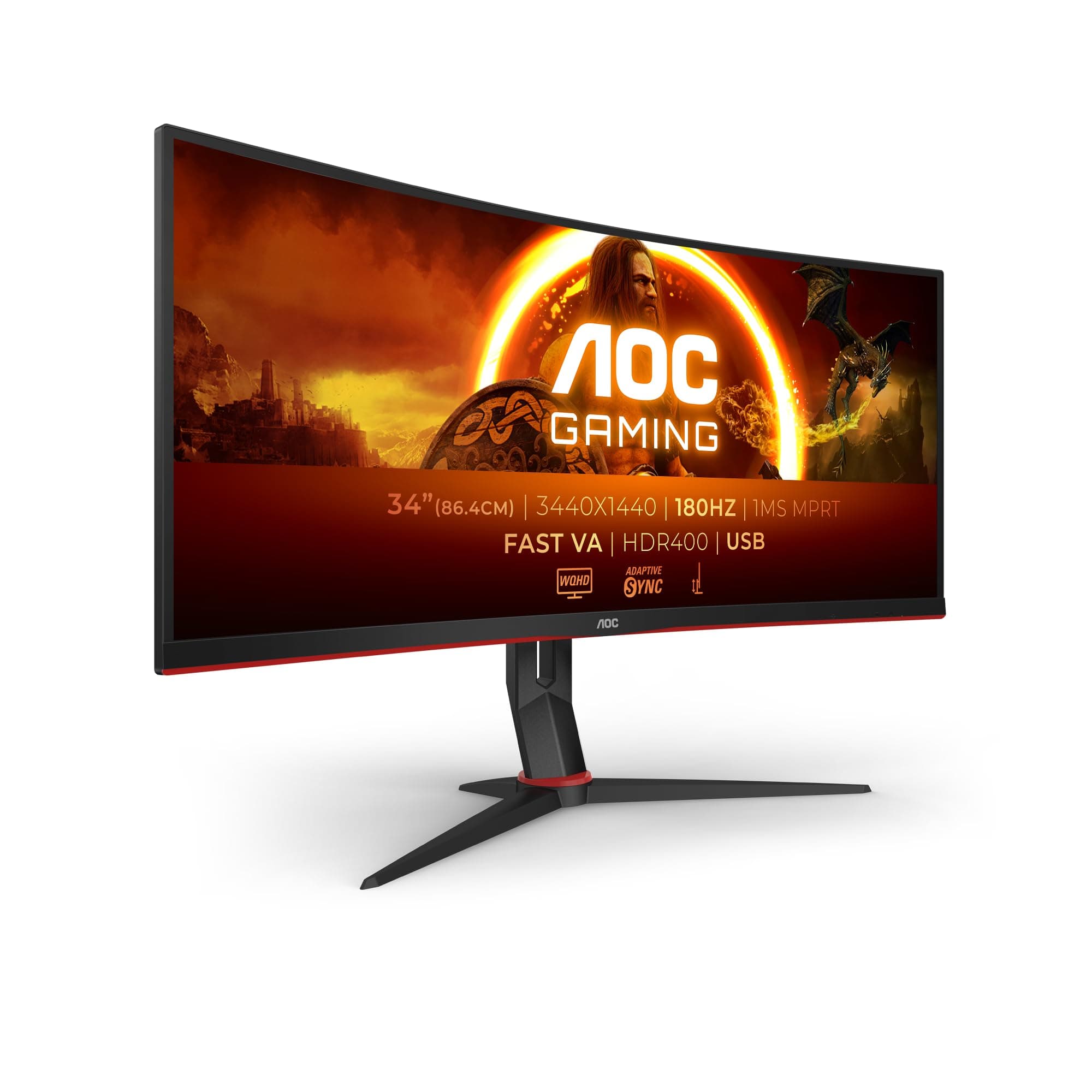 AOC Gaming CU34G2XPD – 34-Zoll-WQHD-Curved-Monitor, 180 Hz, schnelle VA, 1 ms GTG, FreeSync Premium, HDR400, höhenverstellbarer Standfuß (3440 x 1440, HDMI, DisplayPort, USB-Hub)