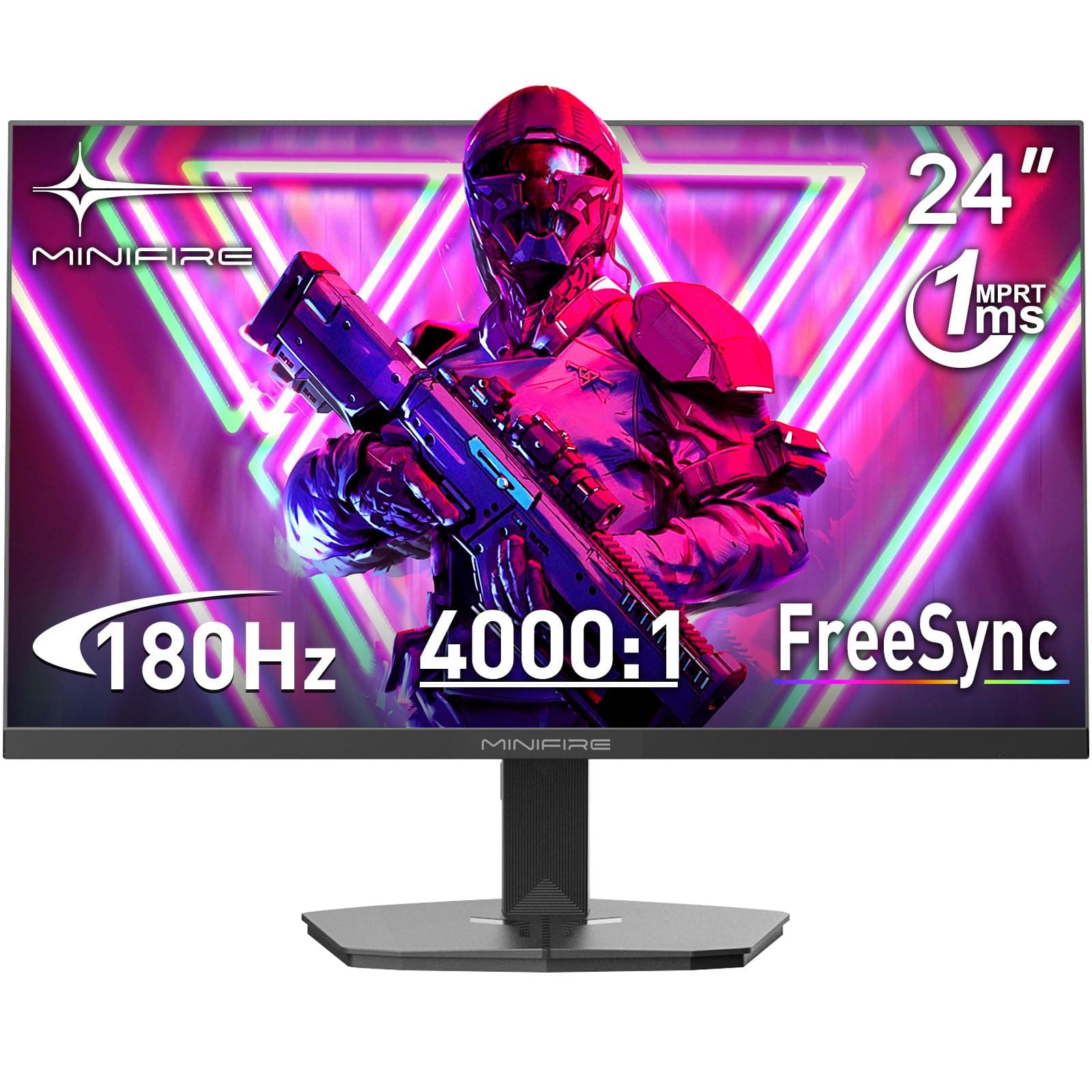 Minifire Gaming Monitor 24 Zoll, 180 Hz, 1ms, FreeSync, Full HD(1920 x 1080), Rahmenlos Bildschirm, Einstellbar, Low Blue Light, HDR 10,300Nits, sRGB 110%, 4000:1 Kontrast, HDMI 2.0&DP 1.2(MFG24F4L)