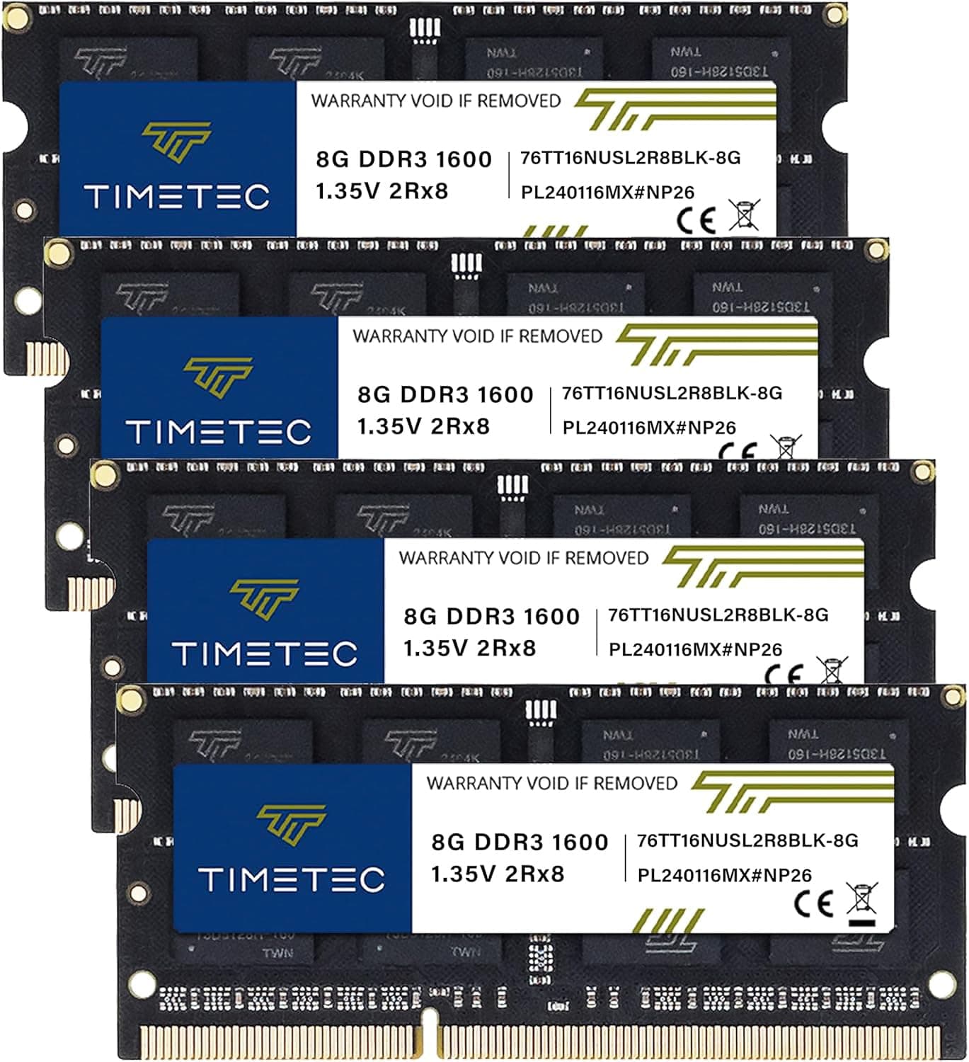 Timetec 32GB KIT (4x8GB) DDR3L / DDR3 1600 MHz (DDR3L-1600) PC3L-12800 / PC3-12800 Non-ECC Ungepuffert 1,35 V/1,5 V CL11 2Rx8 204 Pin SODIMM Laptop Notebook PC Speicher RAM Schwarze PCB