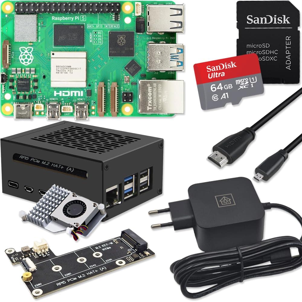 Raspberry Pi 5 8GB PCIe M.2 NVMe - Kit | Metallgehäuse | Active Cooler | M.2 NVMe SSD PCIe Board | USB-C 27W Netzteil | Ultra 64GB SD Karte | 4K Micro HDMI Kabel