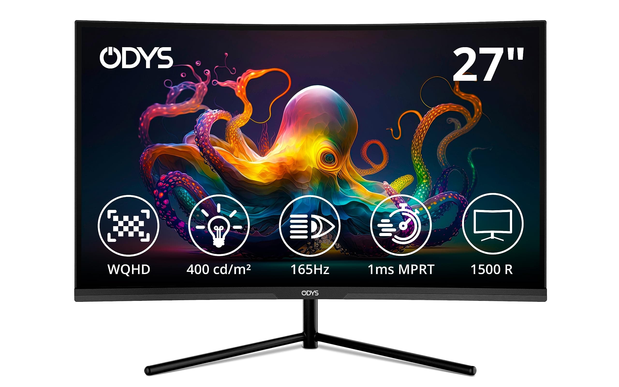 Odys Q27 PRO - 27 Zoll (69 cm) WQHD Curved Office & Gaming Monitor (2.560x1.440 Pixel, 165 Hz, 1ms Reaktionszeit (MPRT), 1500R, FreeSync, HDR, Blaulicht Reduktion, HDMI, Display Port, 3,5mm Audio)