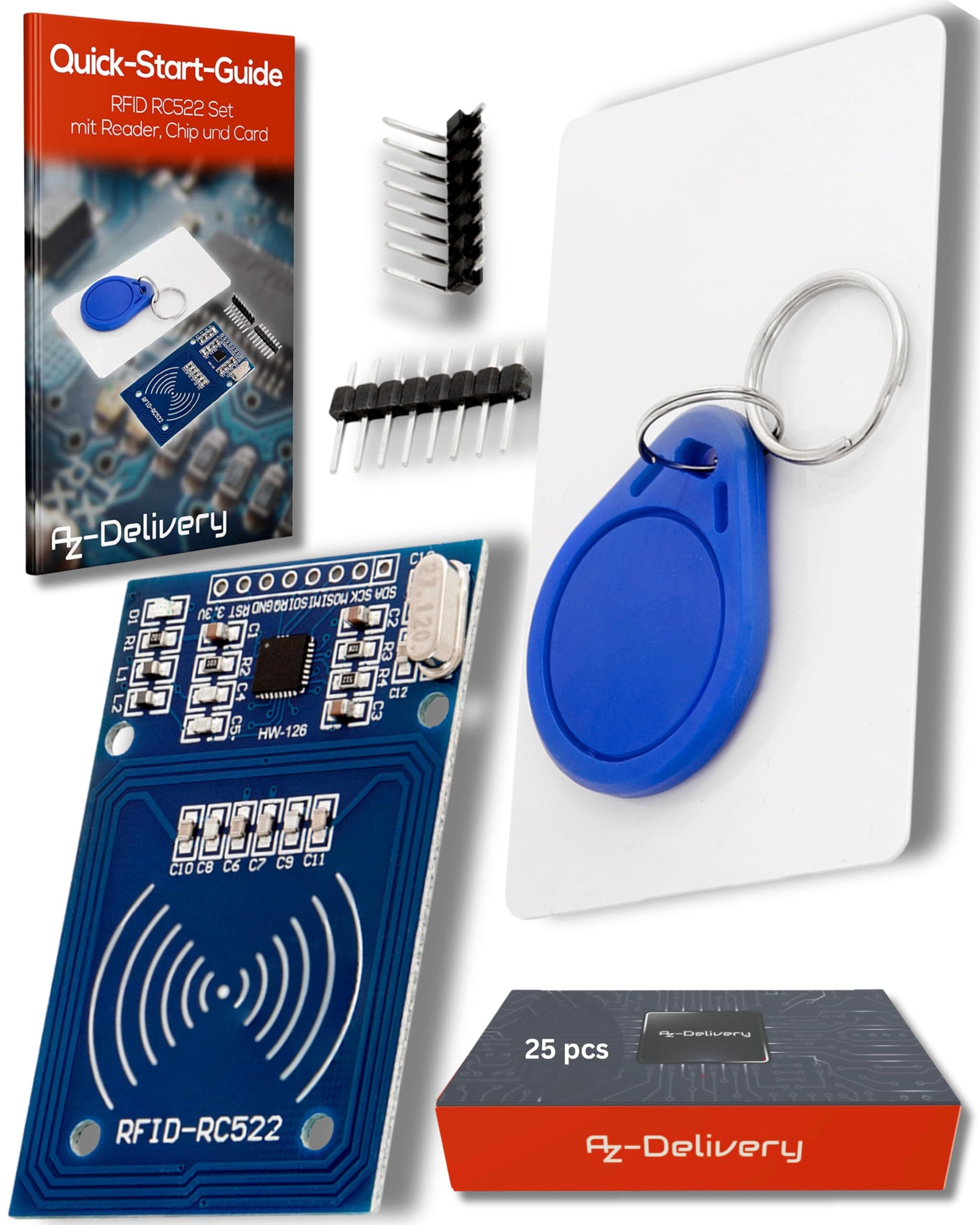 AZDelivery 25 x RFID Kit RC522 mit Reader, Chip und Card 13,56MHz SPI kompatibel mit Arduino und Raspberry Pi inklusive E-Book!