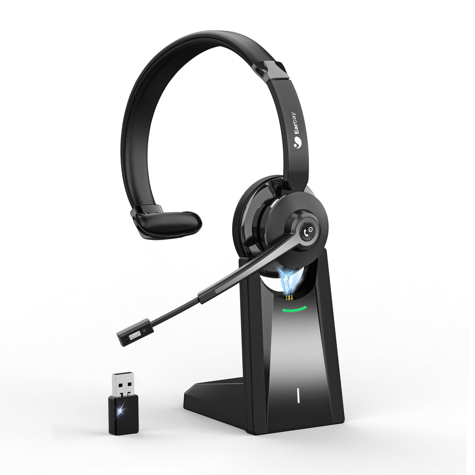 Earbay Headset mit Mikrofon Bluetooth, Kabelloses Headset mit Rauschunterdrückung, inklusive USB-Dongle und praktischer Stummschaltung & Ladestation für Computer/Meeting/Handy/Call Center/Büro