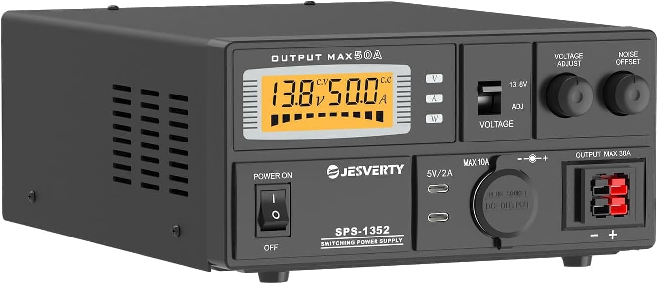 Universelles kompaktes Tischnetzteil-50A AC-zu-DC-Stromwandler, einstellbarer 9-15V-Ausgang (13,8V fest umschaltbar),Anderson-Stecker,Rauschunterdrückung, USB-C und Zigarettenstecker Jesverty SPS-1352