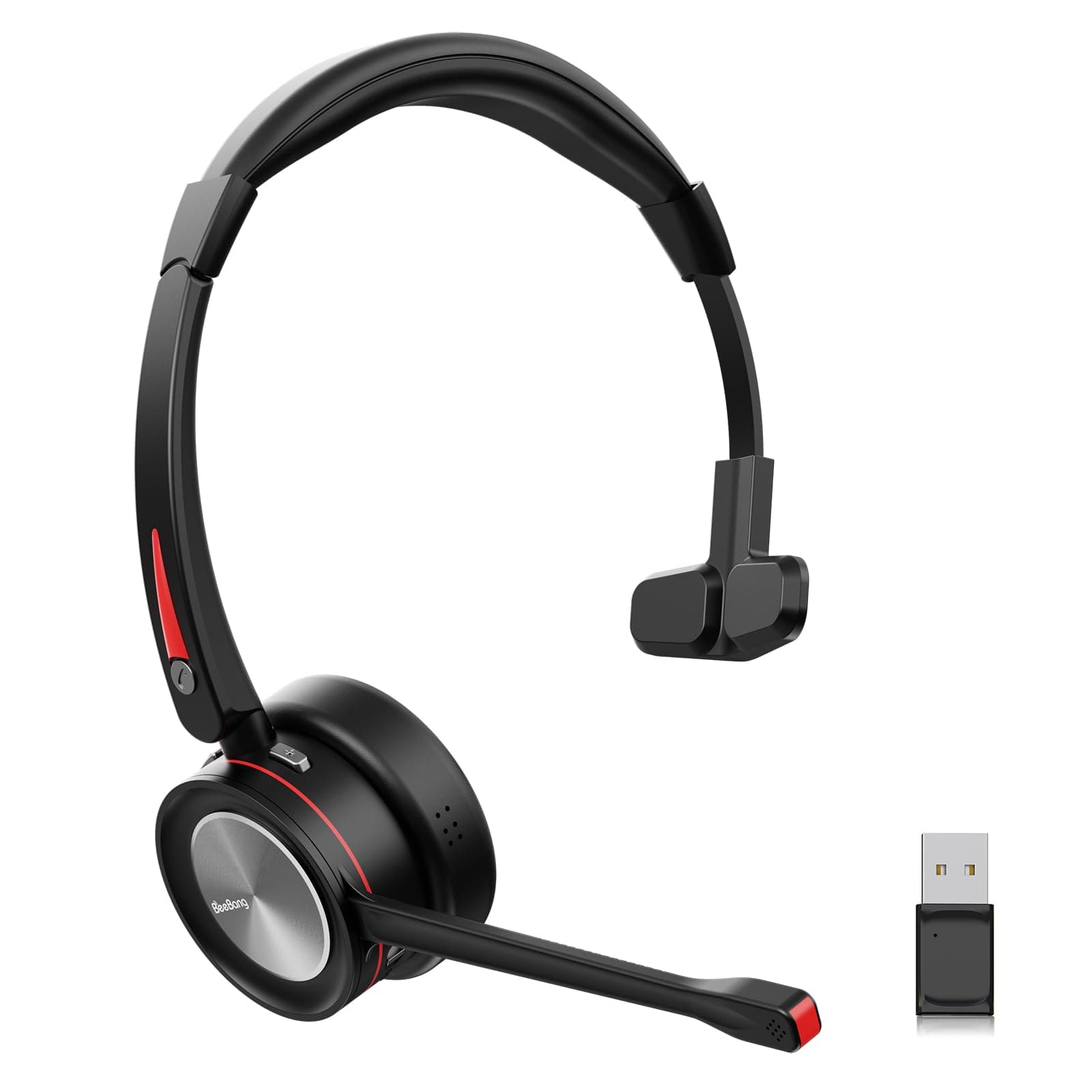 Beebang Headset mit Mikrofon Bluetooth, Mono Kabellose Headset für PC Laptop, Noise Canceling Wireless mit Mikrofon Stummschaltung & USB-Adapter für Computer Teams Meeting Call Center Büro
