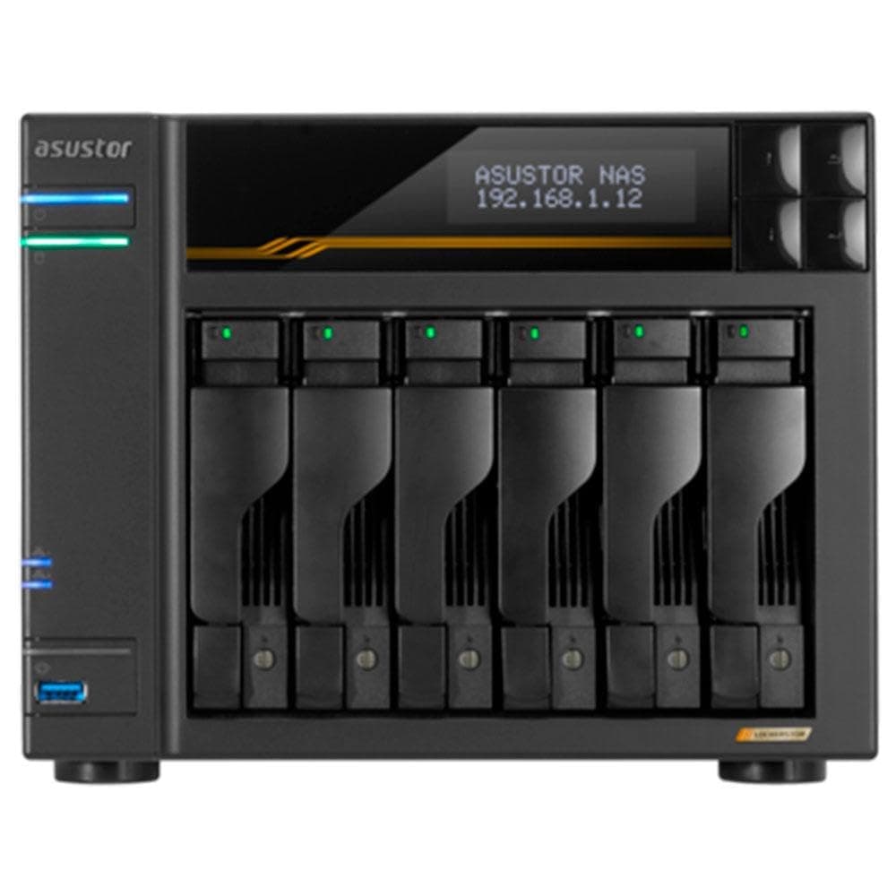 Asustor Lockerstor 6 Gen3 AS6806T 6 Bay NAS Netzwerkspeicher, AMD Ryzen Quad-Core 2.3 GHz, 16GB RAM ECC DDR5, 4 M.2 NVMe Slots, Dual 5GbE & Dual 10GbE Port, USB4 Type-C, Network Attached Storage