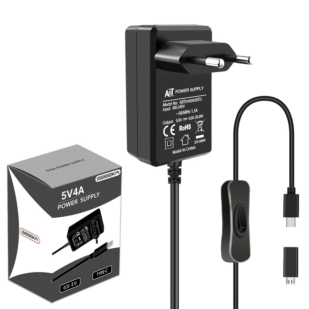 GeeekPi for Raspberry Pi 4 20W 5V 4A Netzteil,USB C Netzteil mit ON/Off Schalter für Raspberry Pi 4 8GB/ 4GB/ 2GB/ Orange Pi 5 /5B /5 Plus, mit A Micro USB Adapter für Pi 3B+/3B