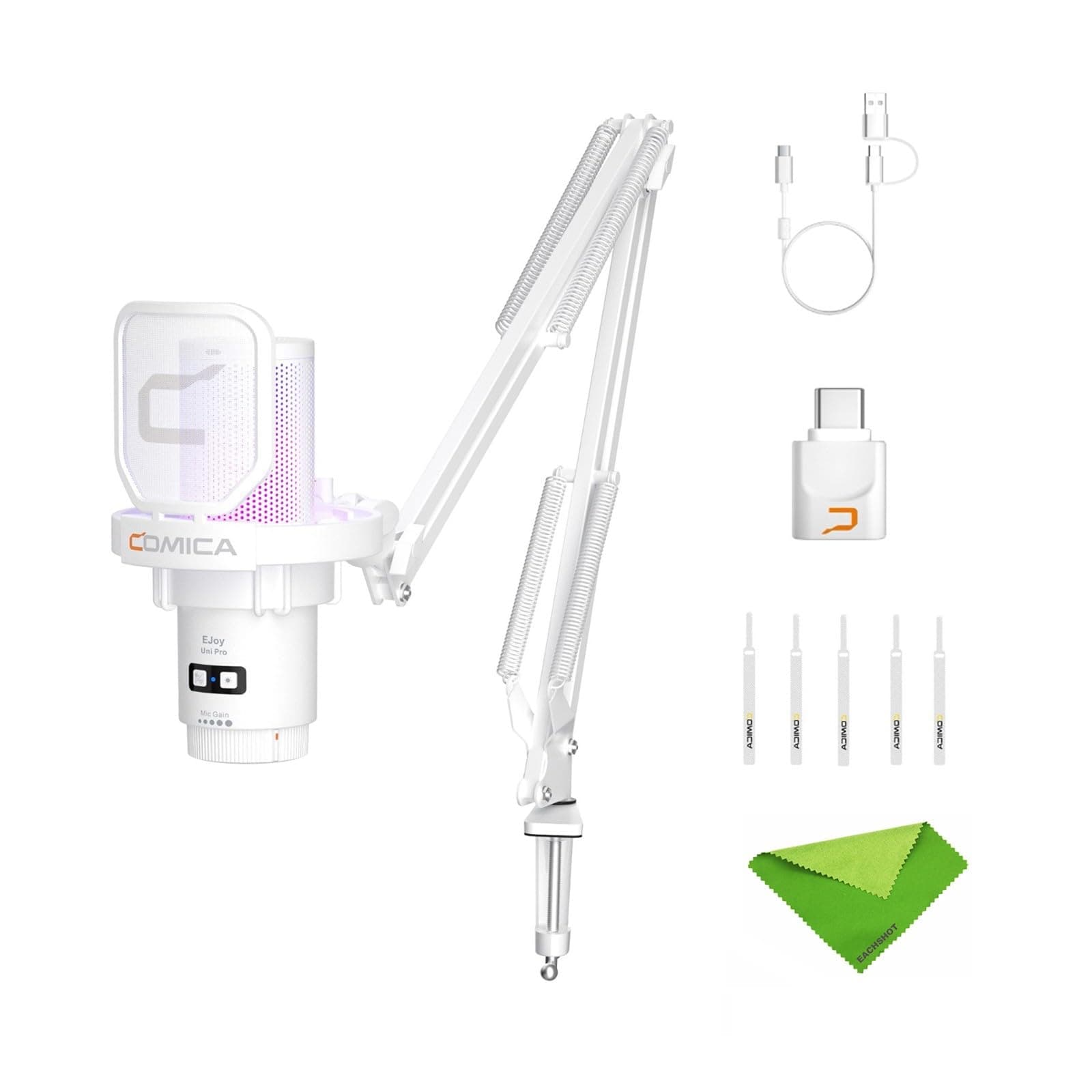 Comica EJoy Uni Pro (A) – weißes Mikrofon für Computer und Smartphone, 48 kHz/24 Bit RGB-Kondensator-Gaming-Mikrofon mit Nierencharakteristik für Podcasting, Streaming, Aufnahme, Musik, mit Armständer