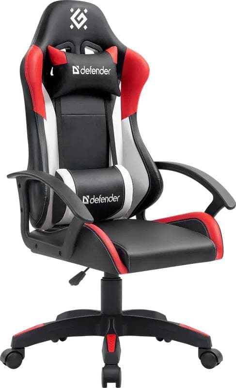 Defender Crater Gaming PC Stuhl mit Fußstütze - Ergonomisch Sessel Lumbalstütze, Kopfstütze, Höhenverstellbar, bis 140kg Bürostuhl Kunstleder, Rot/Schwarz, Verstellbare Rückenlehne, 135° Neigungswinke