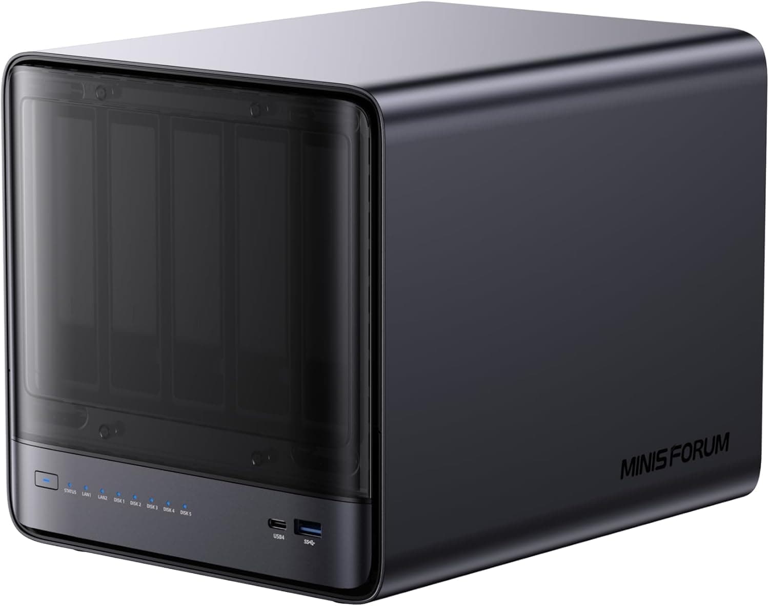 MINISFORUM N5 Pro 5-Bay Desktop NAS, Ryzen AI 9 HX Pro 370 12C/24T CPU, ECC-Unterstützung, 128GB SSD, 10GbE+5GbE, 3×M.2 NVMe, OCuLink, 4K HDMI/2×USB4, PCIe ×16, MinisCloud OS (ohne HDD)