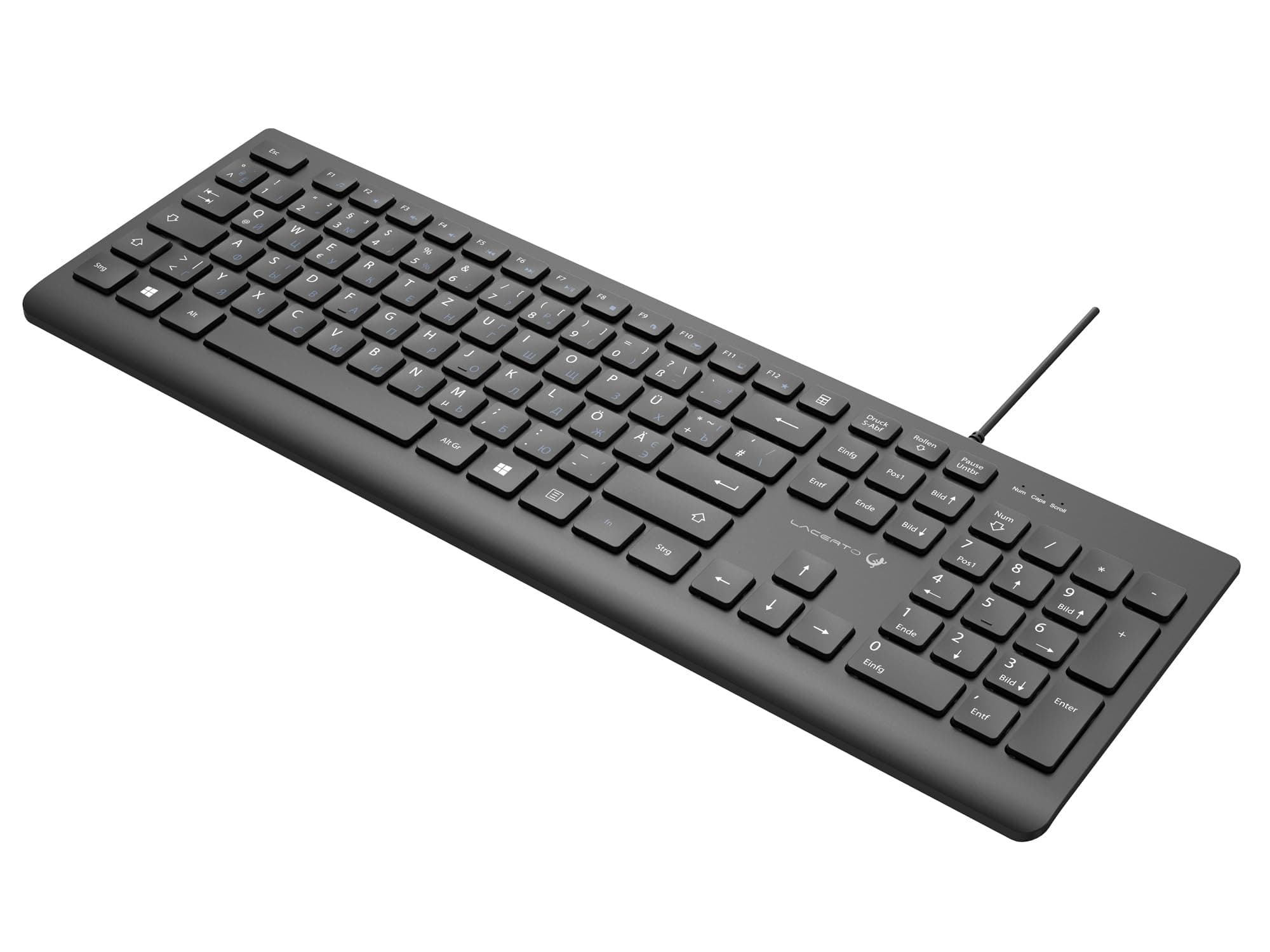 Lacerto® | Russisch-Deutsche Multimedia Tastatur, USB, Spritzwassergeschützt | Russian-German Wired USB Multimedia Keyboard, adapted for The Ukrainian Language | LUCER-DR514