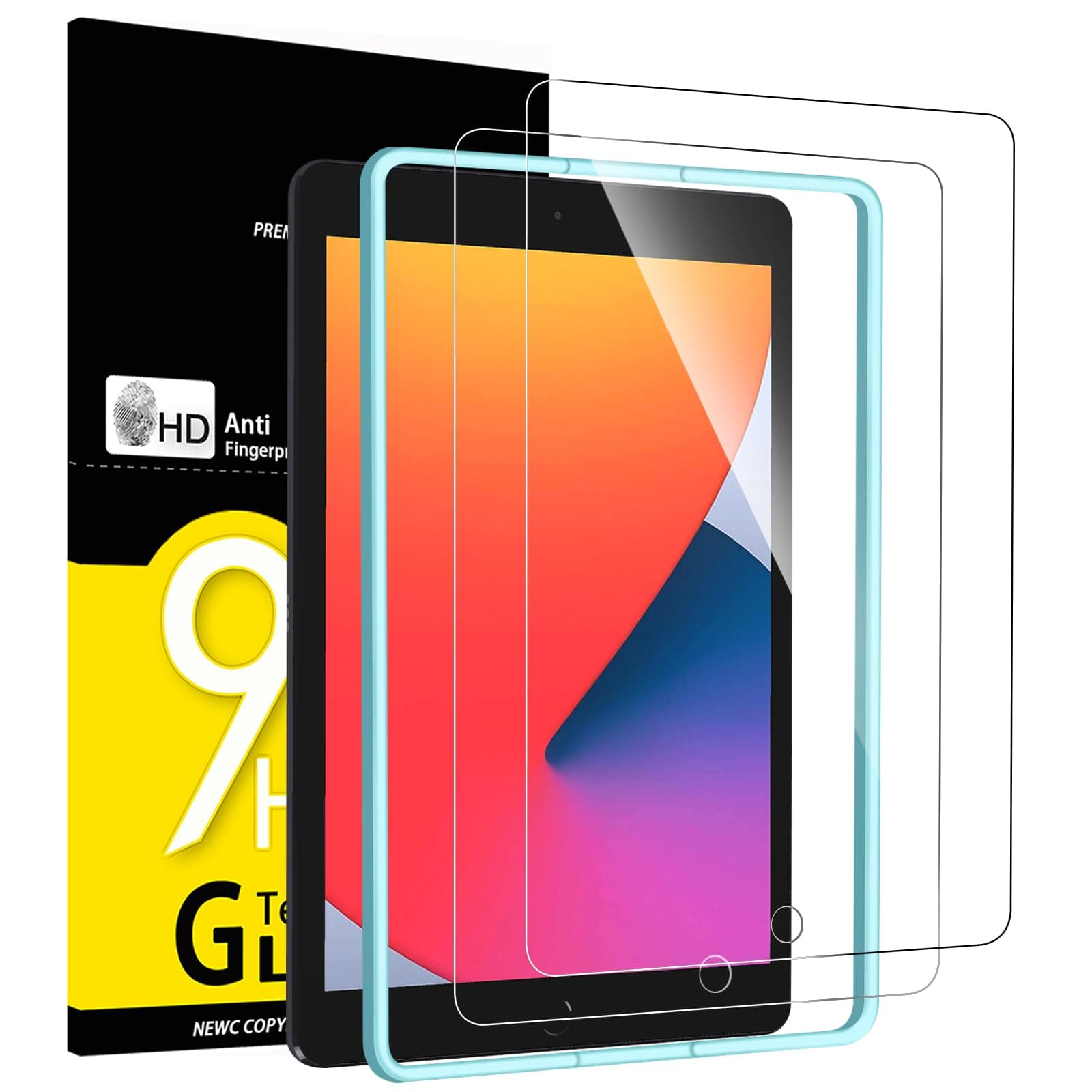 NEW'C 2 Stück, Schutzfolie für iPad 9 (2021)/ iPad 8 (2020)/ iPad 7 (2019) [10,2 Zoll, 9./8. /7. Generation] Panzer Schutz Glas Folie,9H Härte,HD Displayschutzfolie und ein Ausrichtungswerkzeug