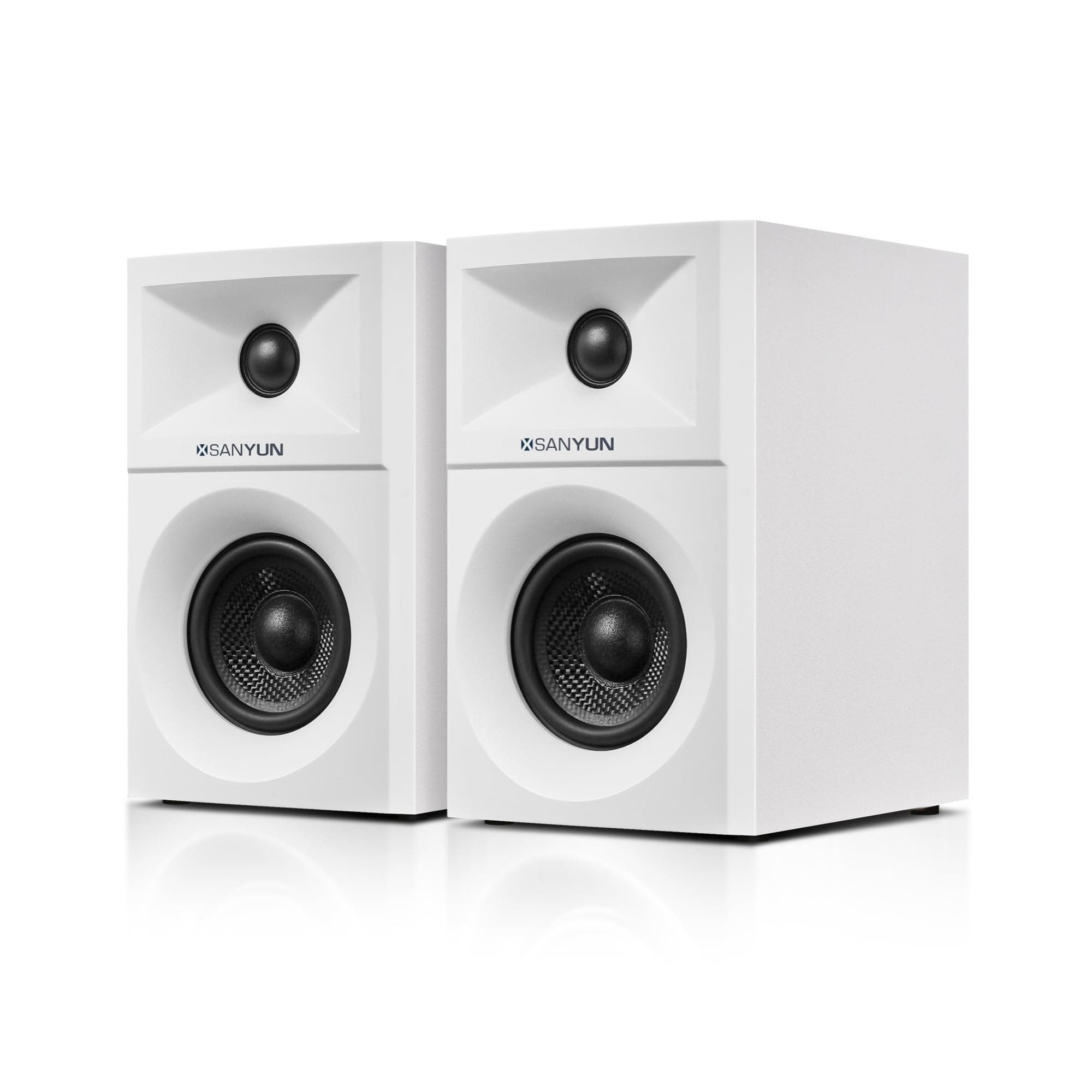 Sanyun SW203 4.0 PC Lautsprecher - 60W 4-Wege DSP Steuerung 3D Immersiver Sound - 3" Kohlefaser Tieftöner & 20mm Seidenkuppel Hochtöner - 24bit DAC USB/Bluetooth 5.4/AUX - Studio-Audio (Paar, Weiß)