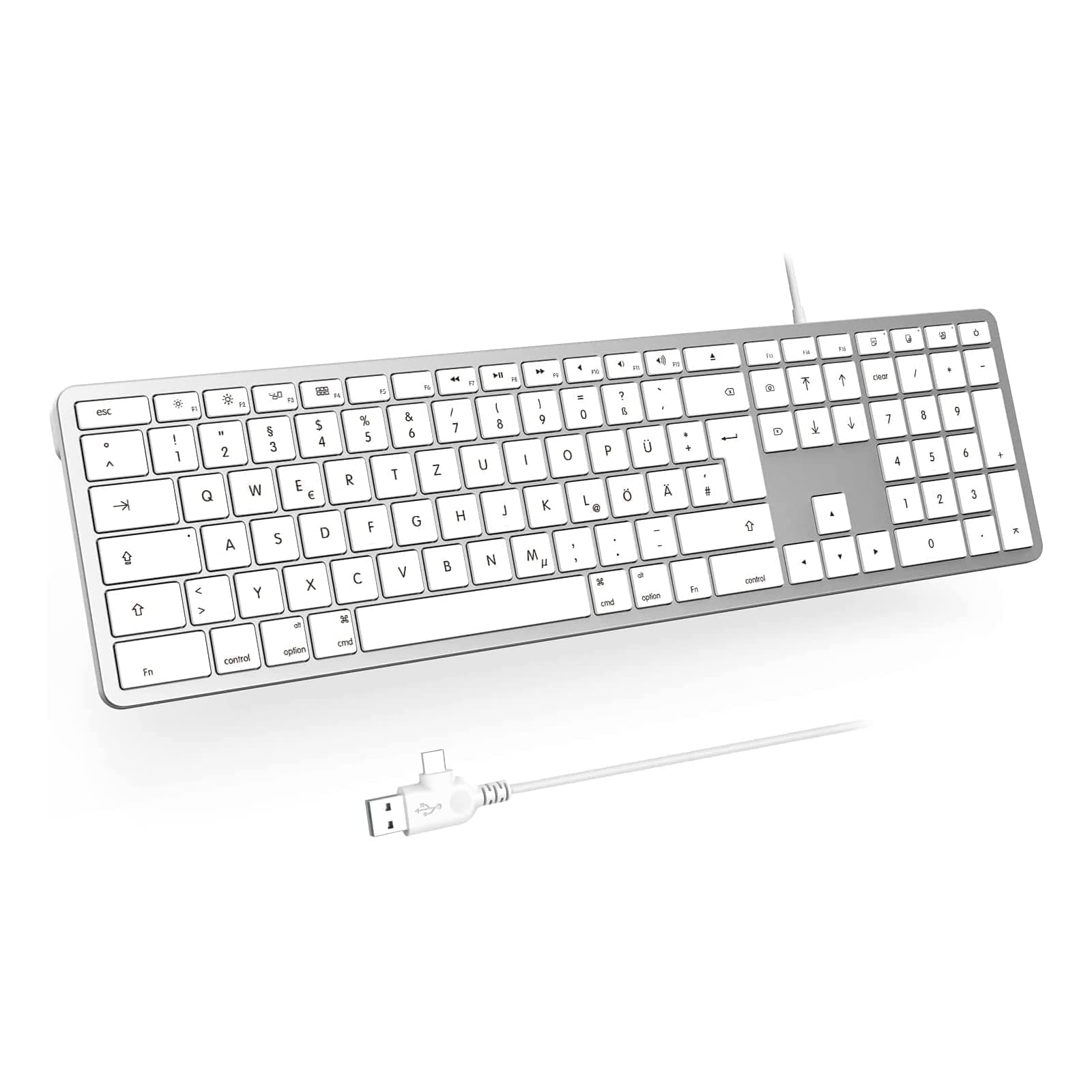 seenda Kabelgebundene Mac Tastatur, mit Kabel und Type C/USB Anschluss, Deutsch QWERTZ iMac Keyboard Nur für Mac OS/IOS, Silber & Weiß