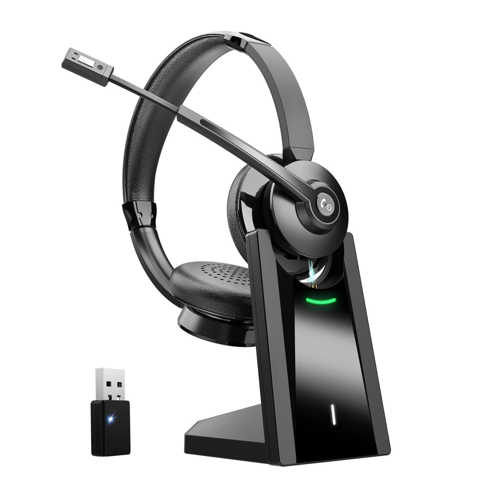 Earbay Bluetooth Headset mit Mikrofon, Kabelloses Headset mit Ladestation & USB Dongle, Kabellose mit Mikrofon Rauschunterdrückung & Stummschaltung für Computer/Meeting/Zoom/Büro/HomeOffice