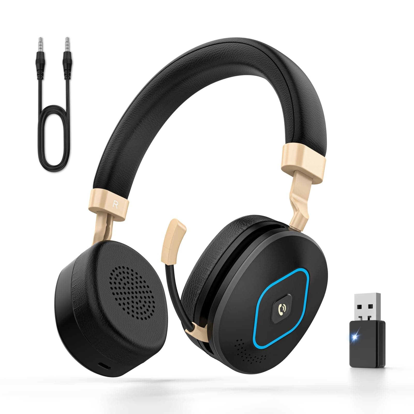 Kabelloses Headset, Headset mit Mikrofon Bluetooth, Hybridmodus (kabellos/kabelgebunden), Doppelte KI-Geräuschunterdrückung, ausziehbarer Boomarm, USB-Dongle & Stummschaltung für Büro/PC/Smartphones