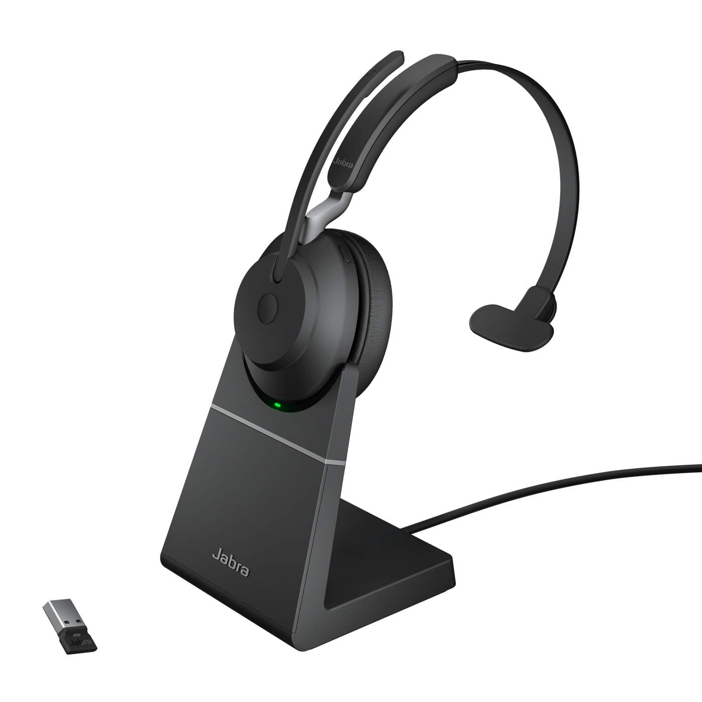 Jabra Evolve2 65 Wireless PC Headset with Charging Stand – Noise Cancelling UC Certified Mono Headphones with Long-Lasting Battery – USB-A Bluetooth Adapter – Black