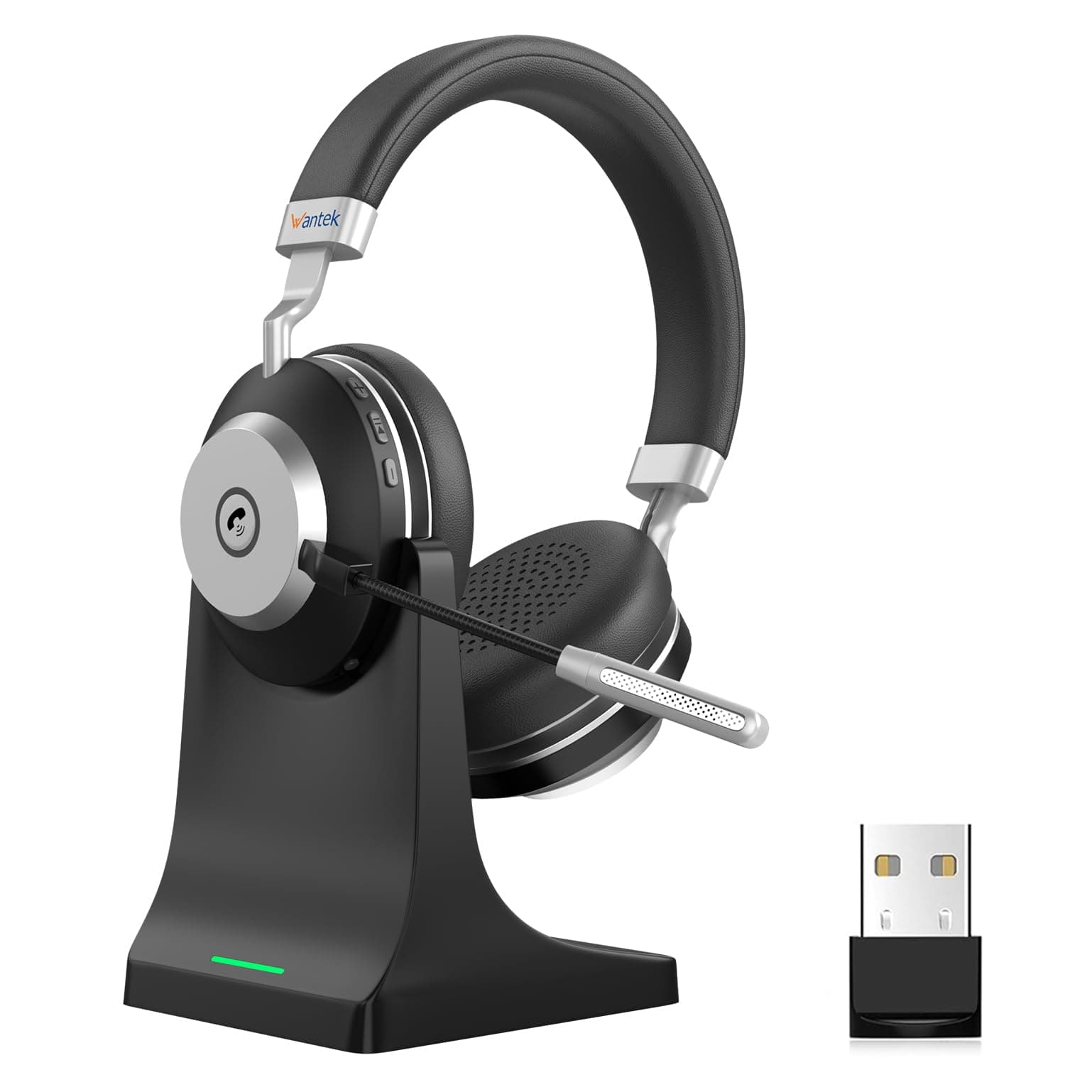 Wantek Wireless Business Headset mit Noise-Cancelling Mikrofon & Ladestation – Bluetooth 5.3 & 2.4GHz Dual-Modus 45h HiFi-Sound (40mm/116dB) + IPX4 Schweißschutz für Homeoffice/PC/PS5
