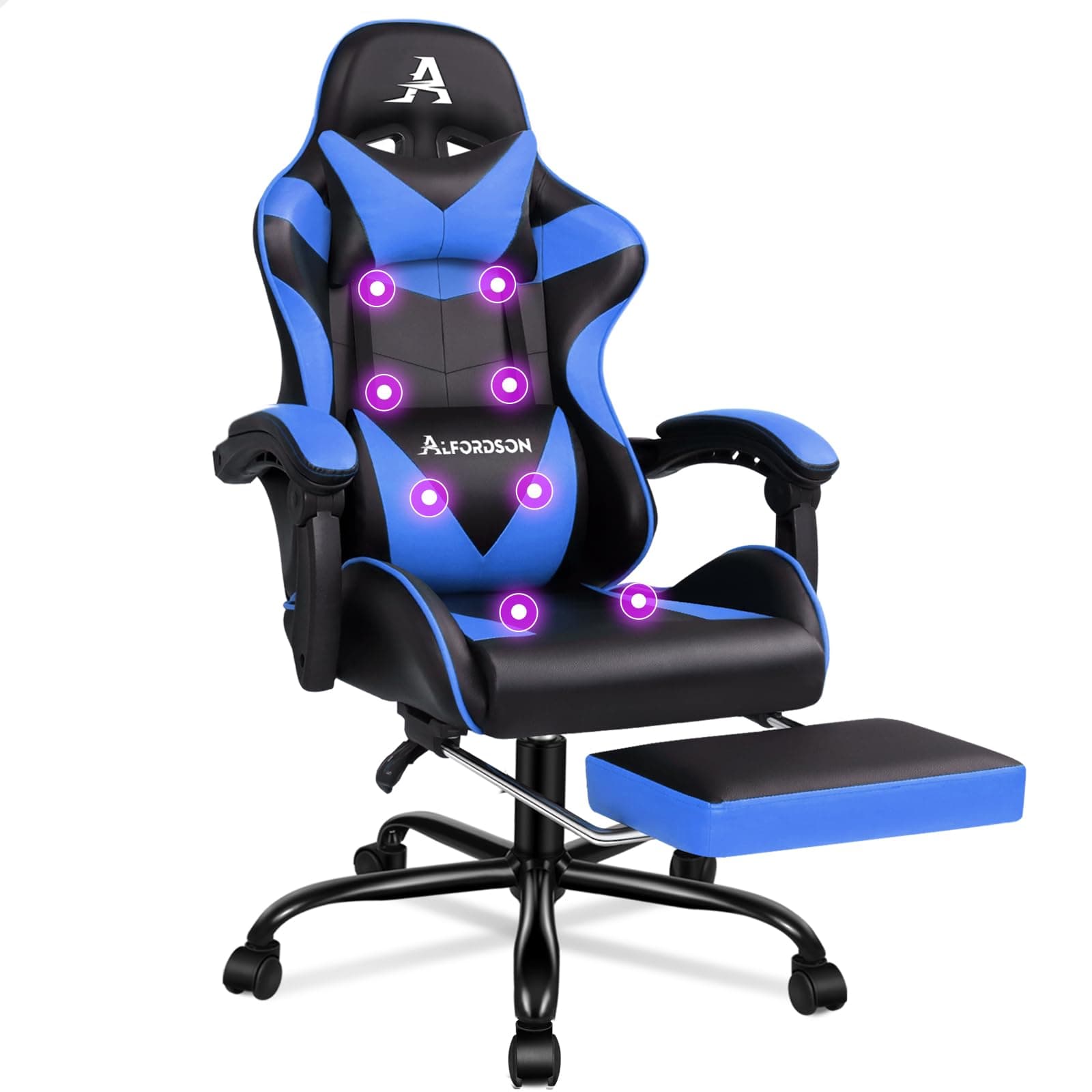 ALFORDSON Bürostuhl mit Massage, Gamer-Sessel, ergonomischer Gamer-Stuhl mit Fußstütze, Fußstützen-Massage-Lendenkissen, Drehstuhl, 180 kg Tragkraft, Blau