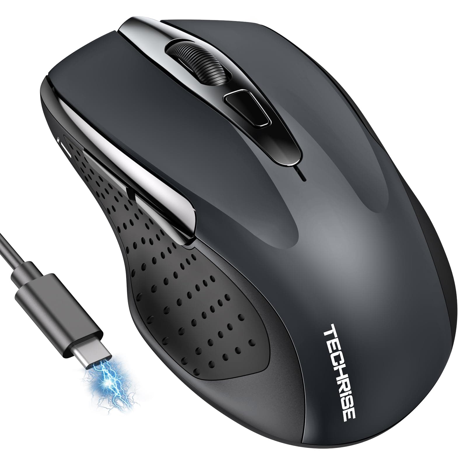 TechRise Bluetooth Maus, 2.4G Maus Kabellos (BT 5.0/3.0 + 2.4G) 4800 DPI Wiederaufladbare Ergonomische Mouse mit USB-A Empfänger, 6 Stufen DPI Stille Funkmaus für Laptops, Computer, PC, Windows, Grau