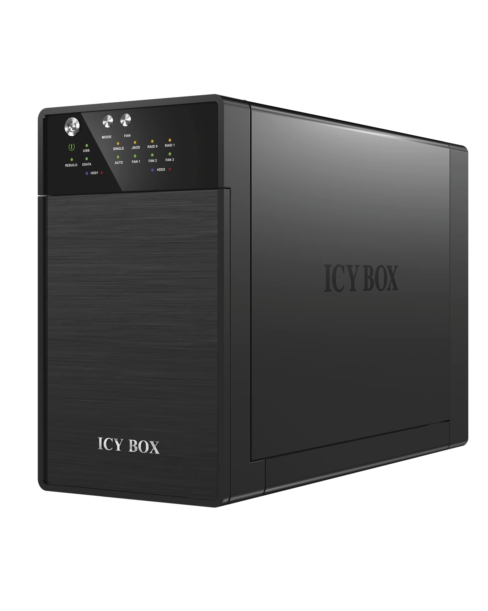 ICY BOX IB-RD3620SU3 Externes 2-fach Gehäuse (Raid 0/1, Single, JBOD) für 2x 3, 5 Zoll SATA i, II, III Festplatten, USB 3.0 (UASP) & eSATA Anschluss, Smart-Lüfter