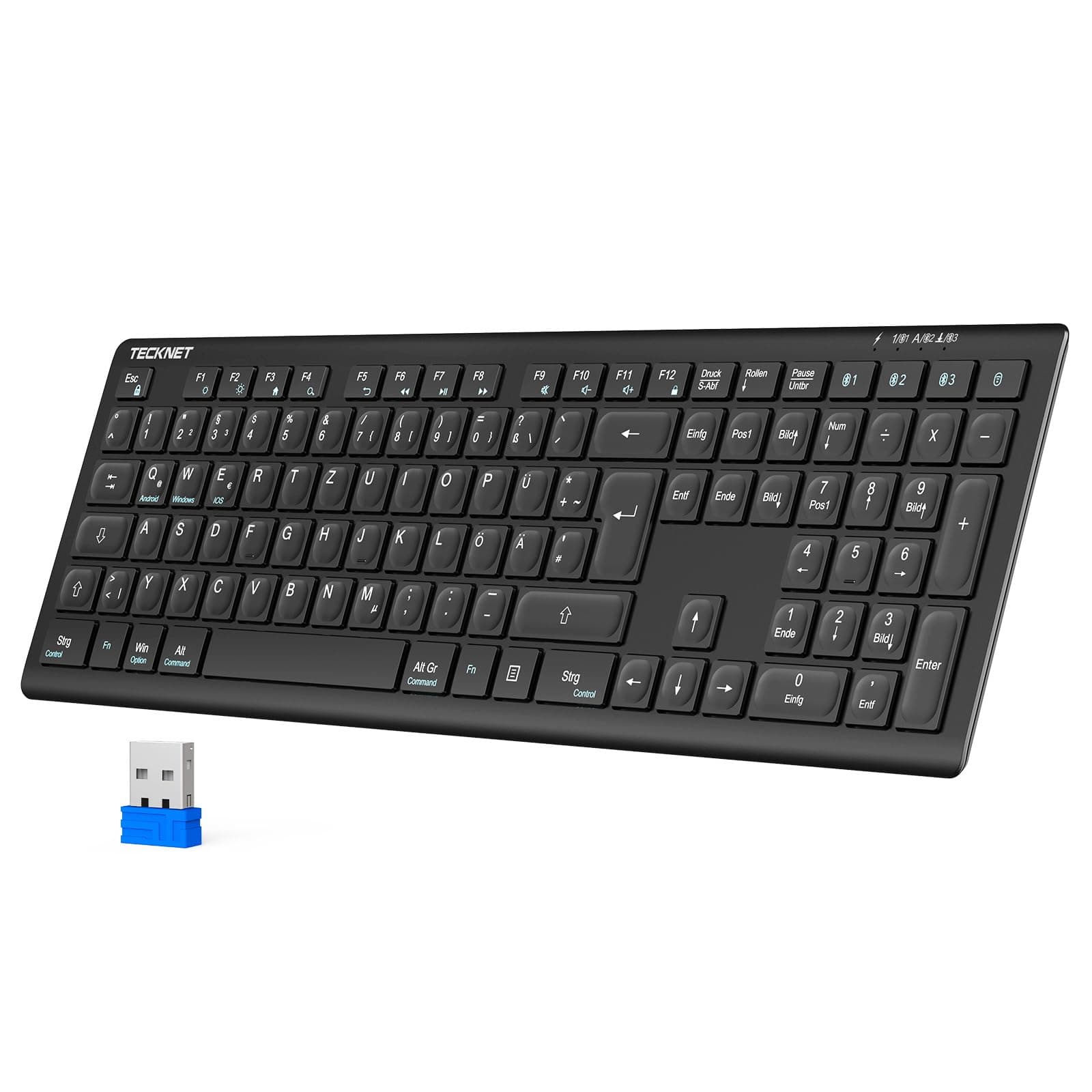 TECKNET Bluetooth Tastatur Kabellose, Wiederaufladbare Multi-Device Flach Keyboard mit Einfacher bis zu 4 Geräte, Ultraflache, Deutsches Layout (QWERTZ), für Mac, Windows, iOS, Chrome OS Schwarz