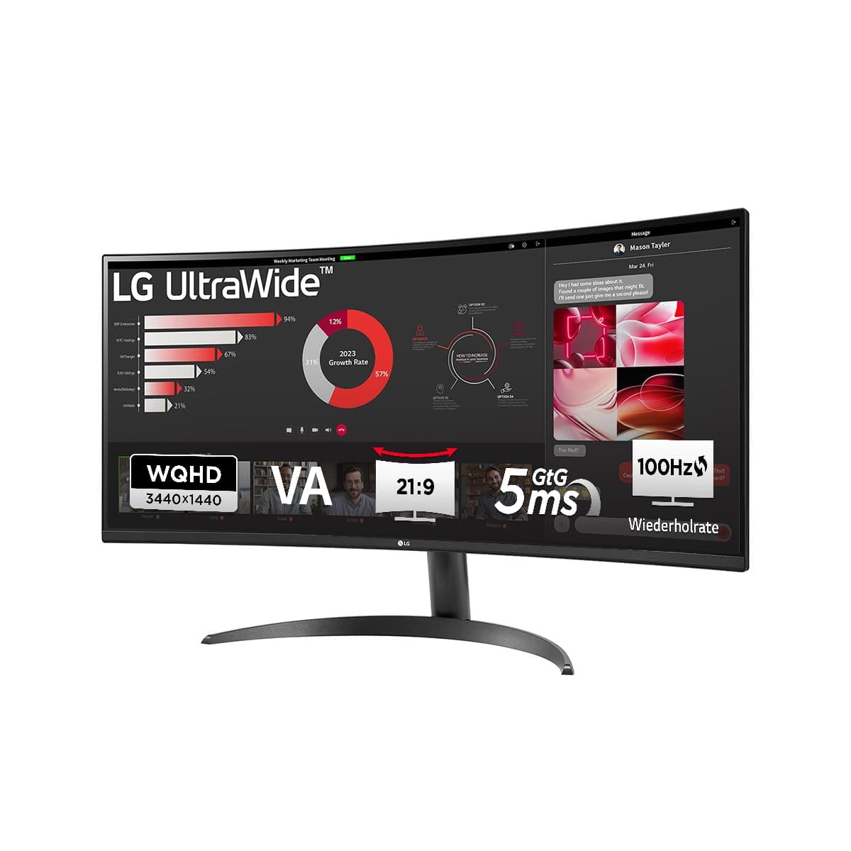 LG, 34 Zoll, UltraWide, 1800R Curved QHD Monitor, 3440 x 1440, 34WR50QK-B.AEU, 21:9, 5ms GtG, 100 Hz, HDR10, 99% sRGB, PBP-Modus, OnScreen Control, AMD FreeSync - Schwarz