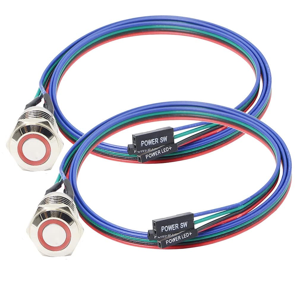 Guuzi Gehäuseschalter, Host-Knopf, Metall, Computer, Host-Schalter, Kabel, PC-Gehäuse, Netzschalter, LED, Stromversorgung ATX, Ein/Aus, für Heimwerker, Schalter, 60 cm - 2 Stück (12 mm)