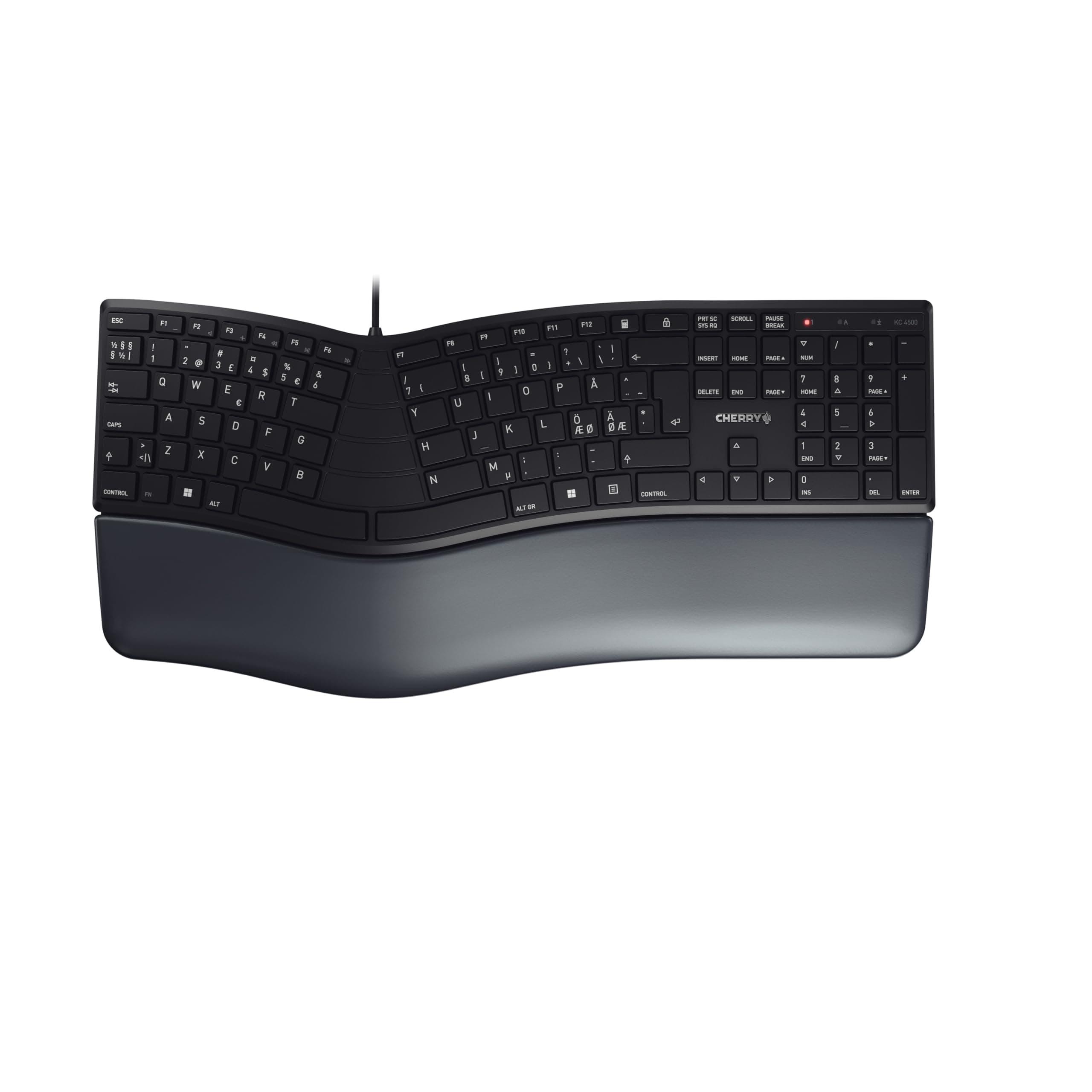 CHERRY KC 4500 Ergo, Ergonomische Tastatur, Pan-Nordisches Layout (QWERTY), Kabelgebunden, Handballenauflage mit Memory-Foam, Geschwungenes Tastenfeld, Schwarz