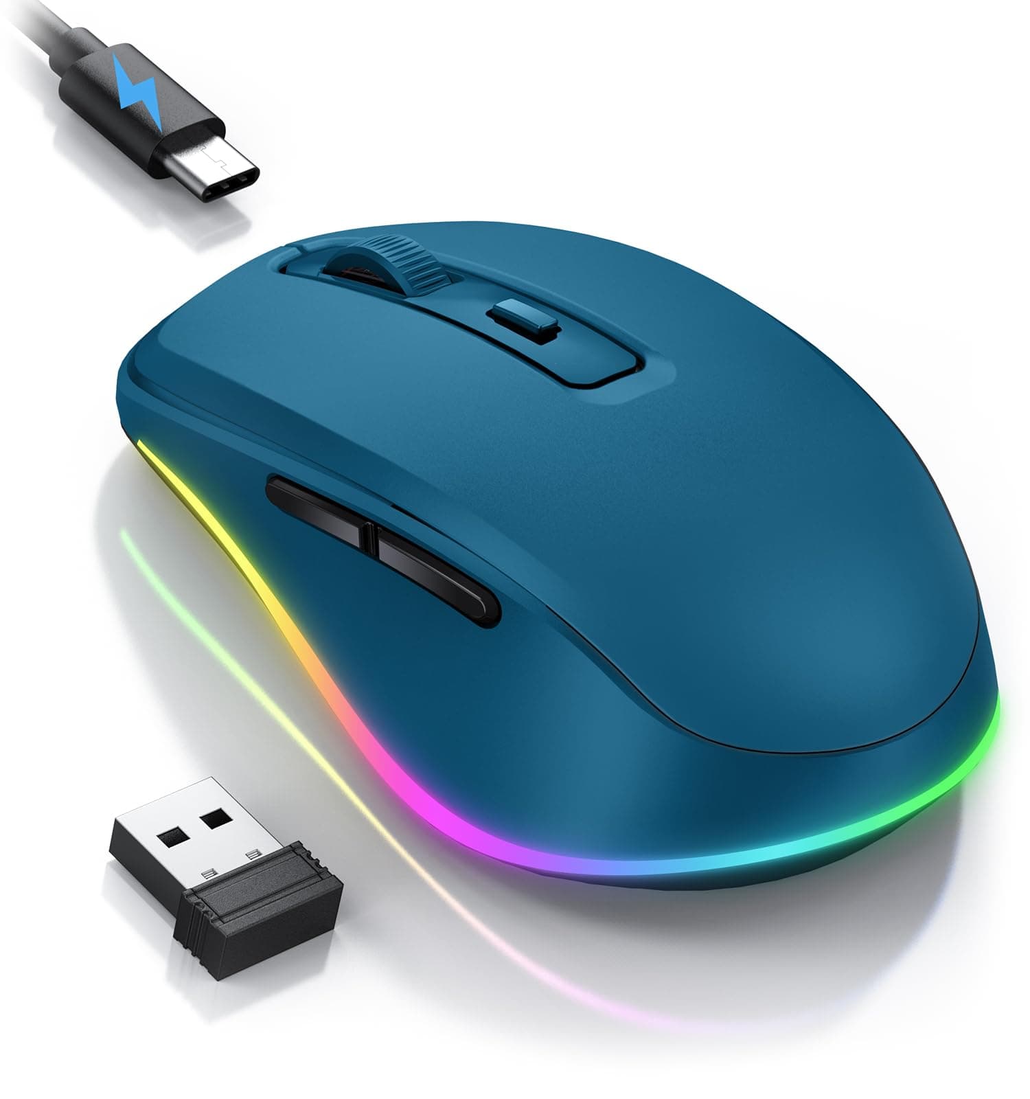 seenda Maus Kabellos LED, Wiederaufladbare Kabellose Maus mit Jiggler, Leise 2.4G USB Funkmaus für Laptop, Computer Wireless Mouse Beleuchtet DPI 2000 für PC, Windows, MAC OS, Dunkelblau
