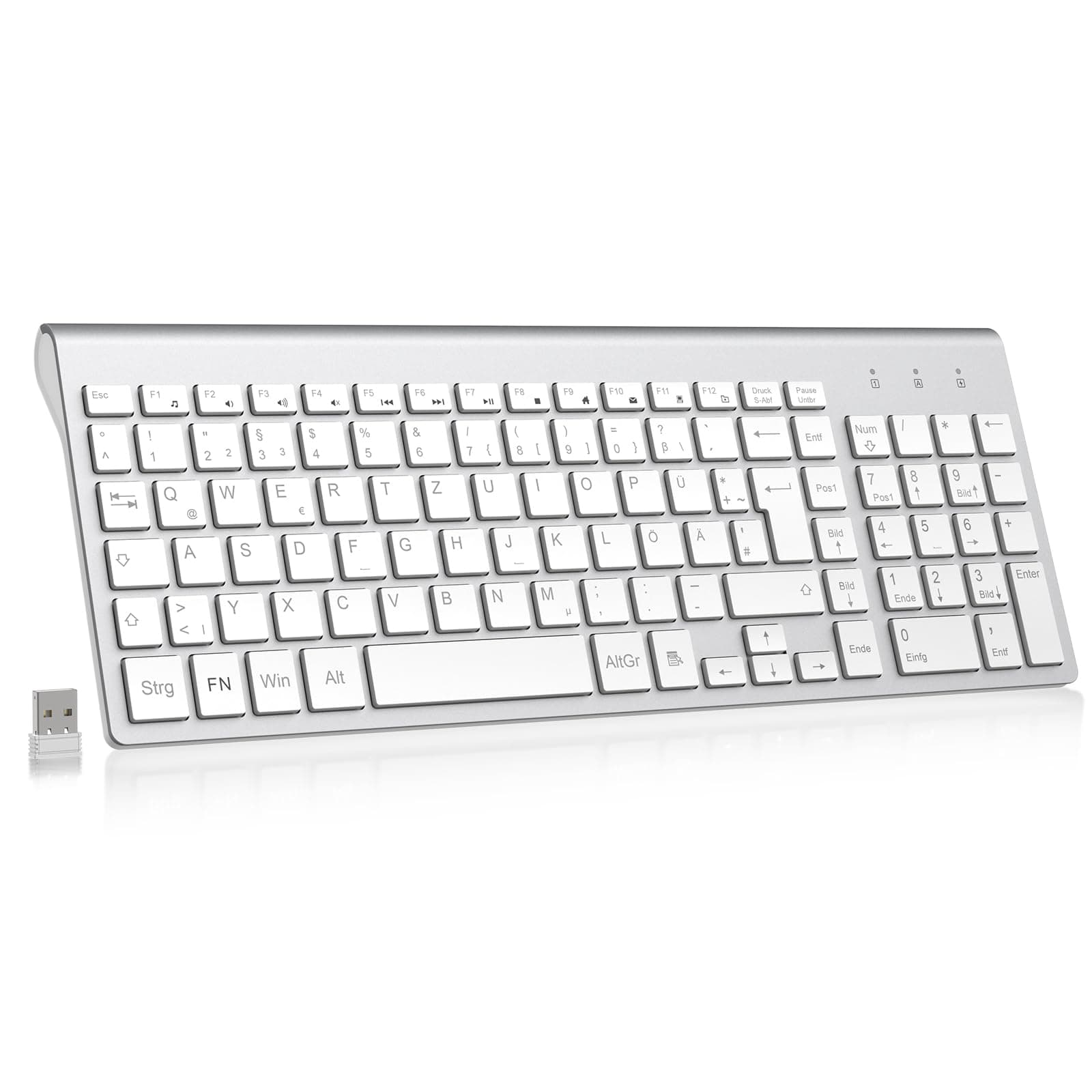 cimetech Tastatur Kabellos Ergonomische Kabellose Tastatur Flache Tasten 2,4 GHz Wireless Keyboard Funktastatur QWERTZ Layout 10m Reichweite Kompatibel mit PC, Desktop, Notebook, Laptop (Slim_Silber)
