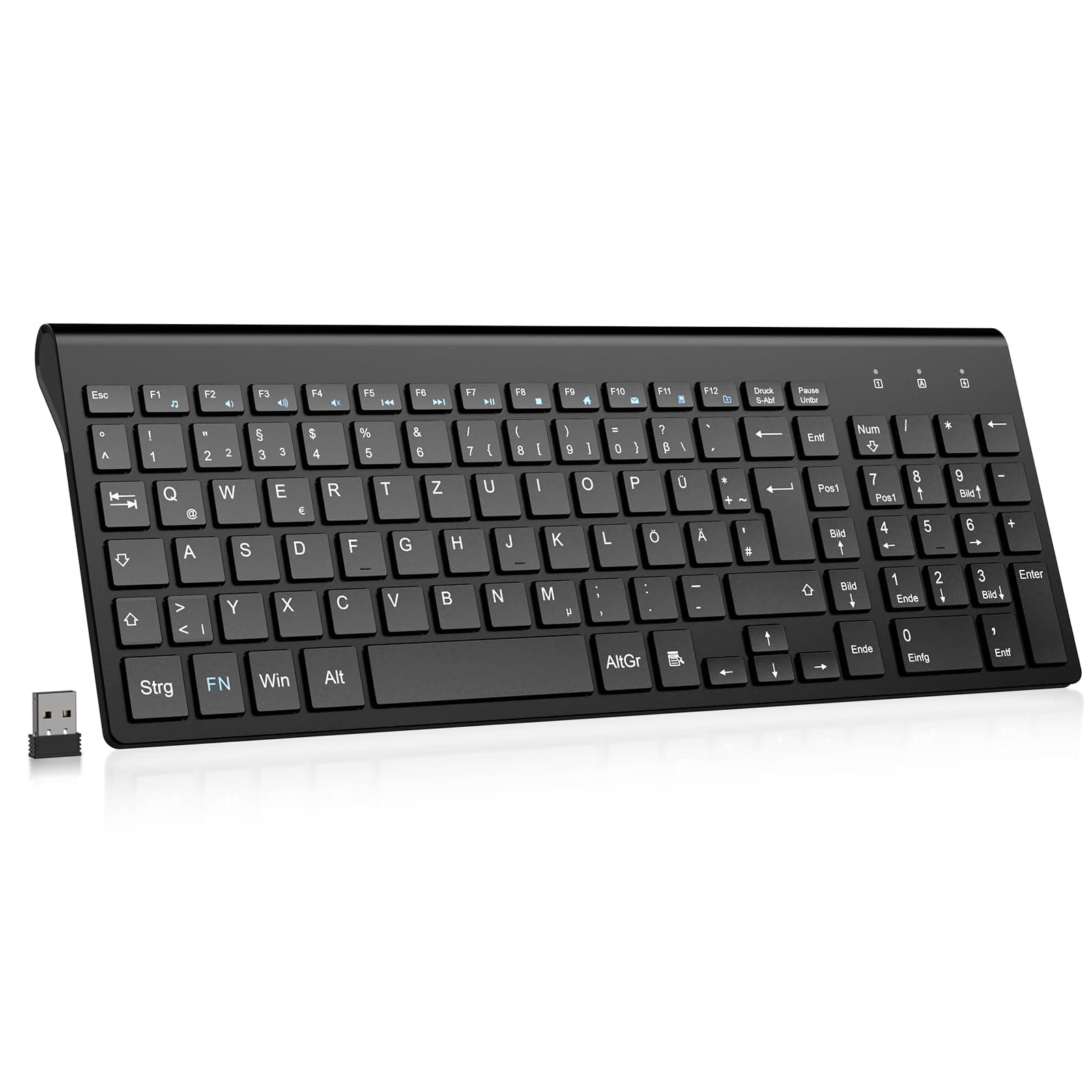 cimetech Ergonomische Kabellose Tastatur Flache Tasten 2,4 GHz Wireless Keyboard Mini Funktastatur QWERTZ Layout 10m Reichweite Kompatibel mit PC, Desktop, Notebook, Laptop (Slim_Schwarz)