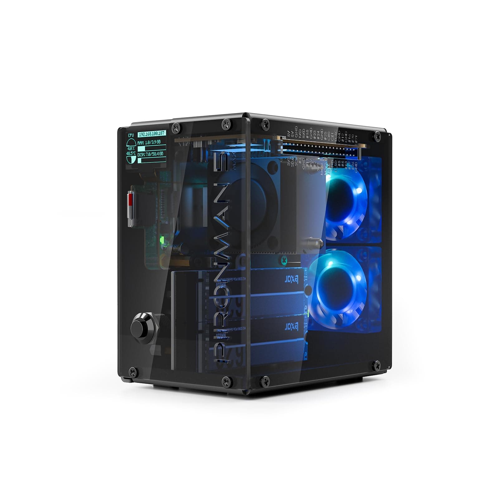 Pironman 5-MAX Dual NVMe M.2 SSD PCIe-Gehäuse für Raspberry Pi 5 NAS RAID 0/1 AI-Beschleuniger Hailo-8L PWM-Tower-Kühler+Dual RGB-Lüfter 0,96"OLED-Modul Sichere Abschaltung HDMI (RPI5 nicht enthalten)