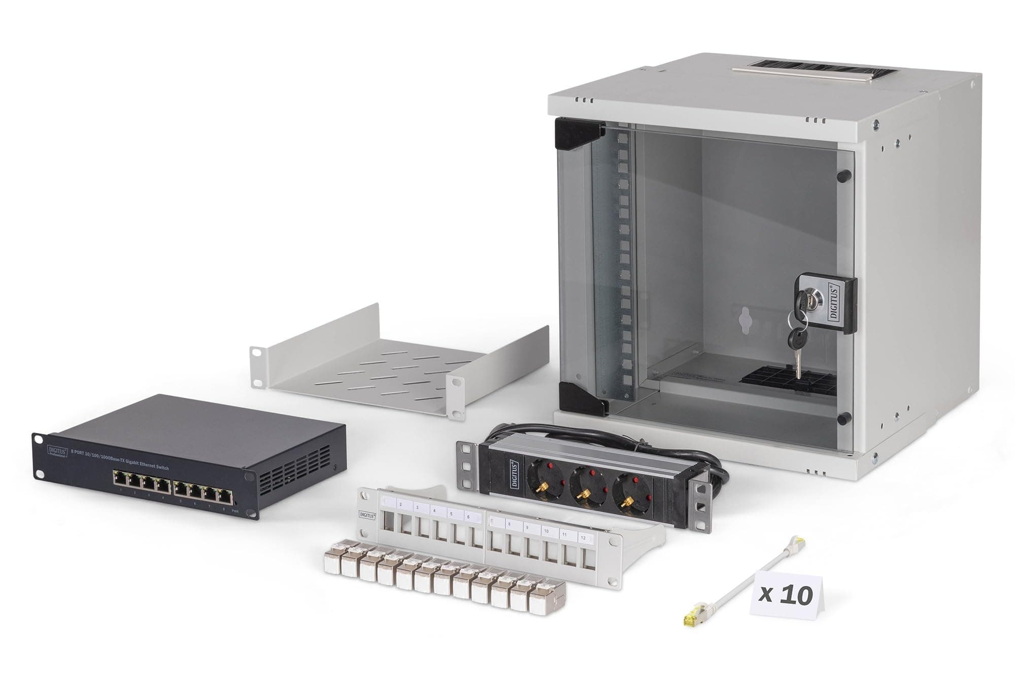 DIGITUS 10 Zoll Netzwerk-Set – 6HE Netzwerkschrank – Fachboden – Steckdosenleiste – 8-Port Switch – 12-Port Patchpanel – 12 Keystone Module – 10 Patchkabel – Unmontiert – SOHO Pro – Grau