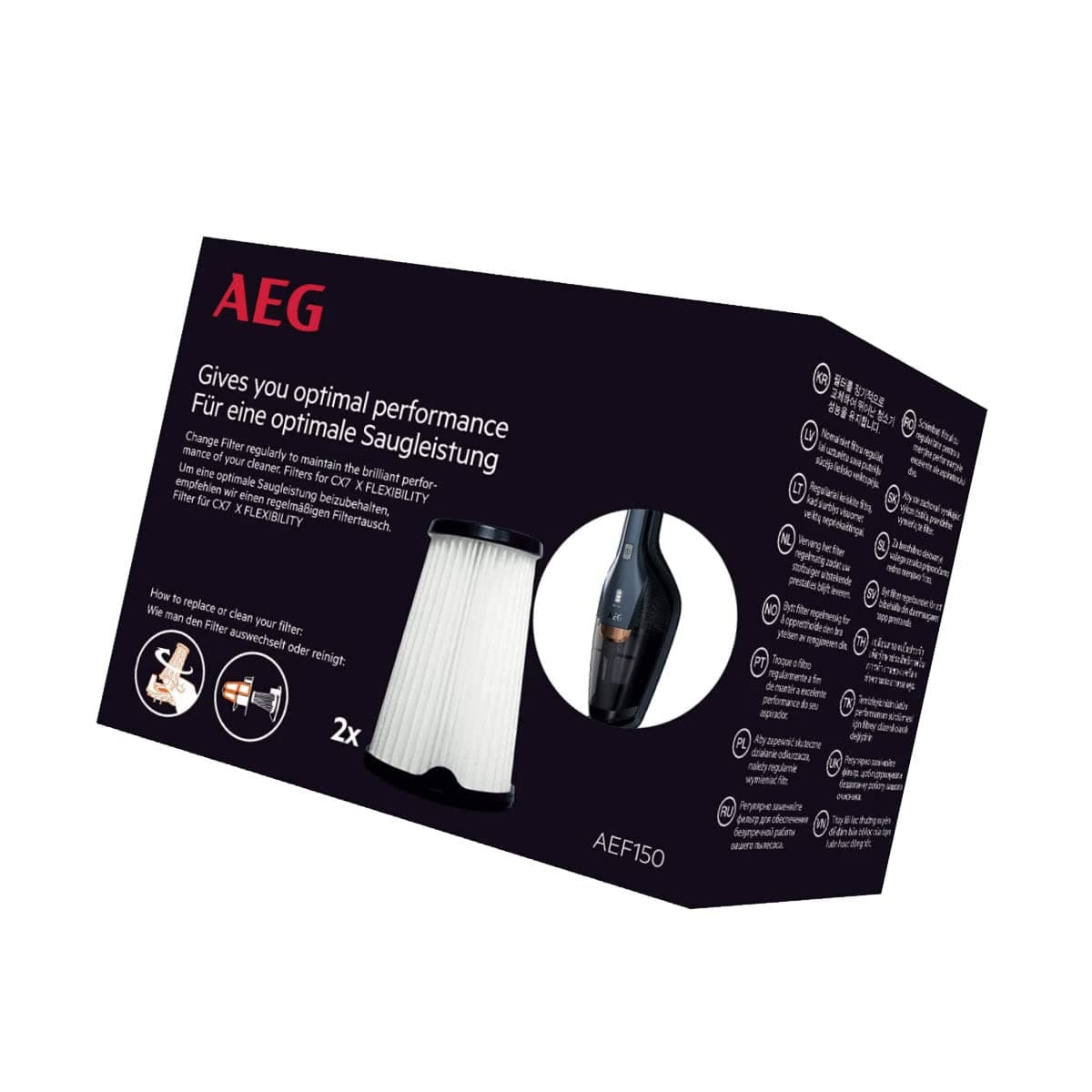 AEG AEF150 Filterset für CX7-2 (Doppelpack, Innenfilter, Staubsauger Filter, optimale Saugleistung und Filtrationsleistung, regelmäßiger Filtertausch, einfache Reinigung und Austausch, schwarz/weiß)