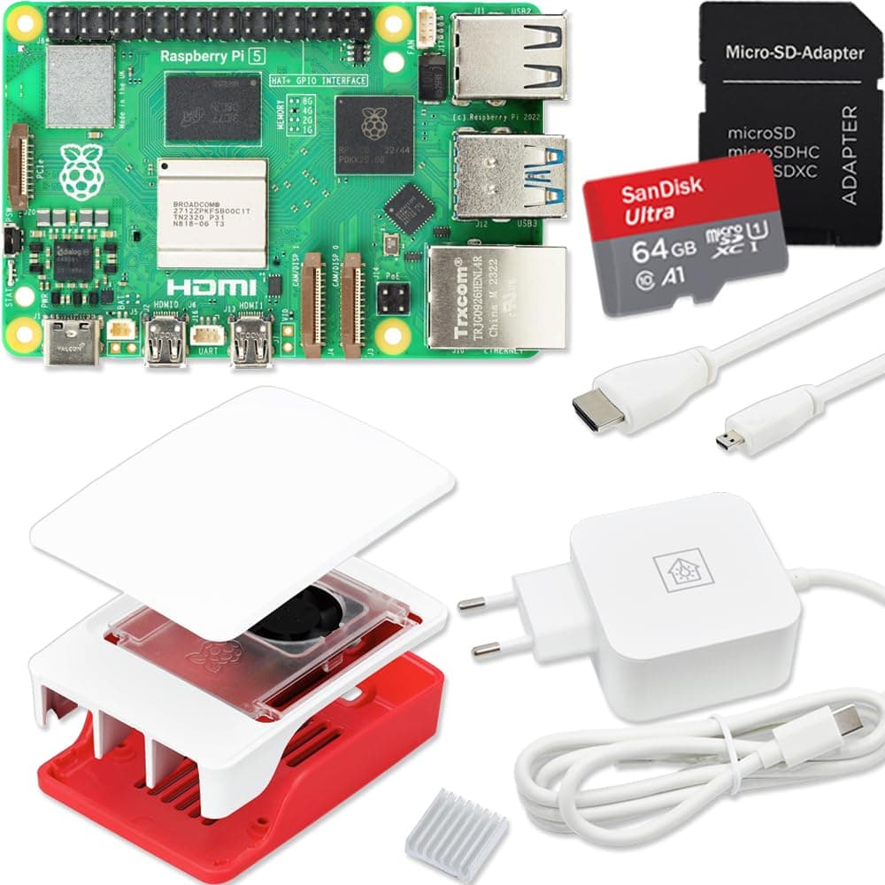 Raspberry Pi 5 4GB Starter-Kit | USB-C 27W Netzteil | Gehäuse mit Lüfter | 64GB SD Karte | 4K Micro HDMI Kabel | Rot - Weiß