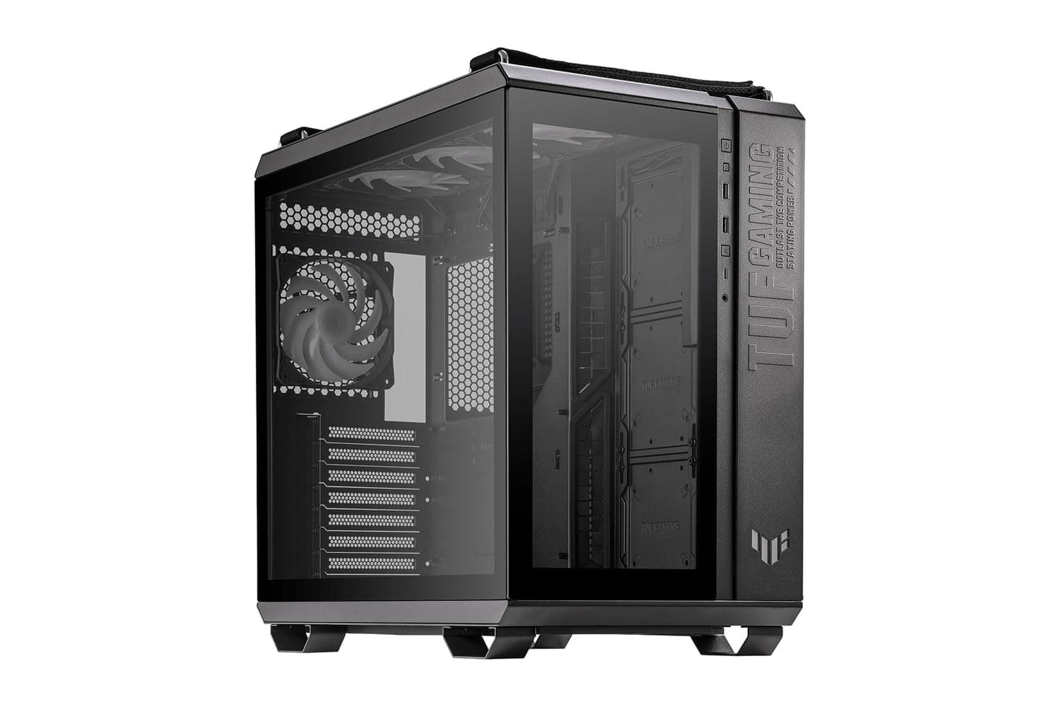 ASUS TUF Gaming GT502 PLUS TG Black modulares PC Gehäuse (Zweikammer-Gehäuse, bis zu drei Positionen für 360-mm-Radiatoren oder bis zu dreizehn 120-mm-Lüfter, Glasscheiben Panoramablick, schwarz)
