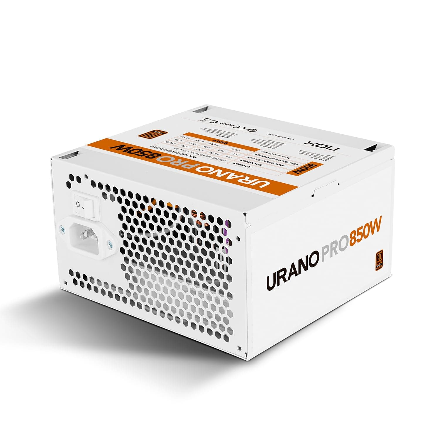 NOX Xtreme Products URANO Pro 850 W White 80 Plus Bronze – ATX-Netzteil mit leisem 120-mm-PWM-Lüfter, umfassendem Schutz (OVP, UVP, OPP, SCP, OTP), aktiver PFC, extra Langen Flachkabeln