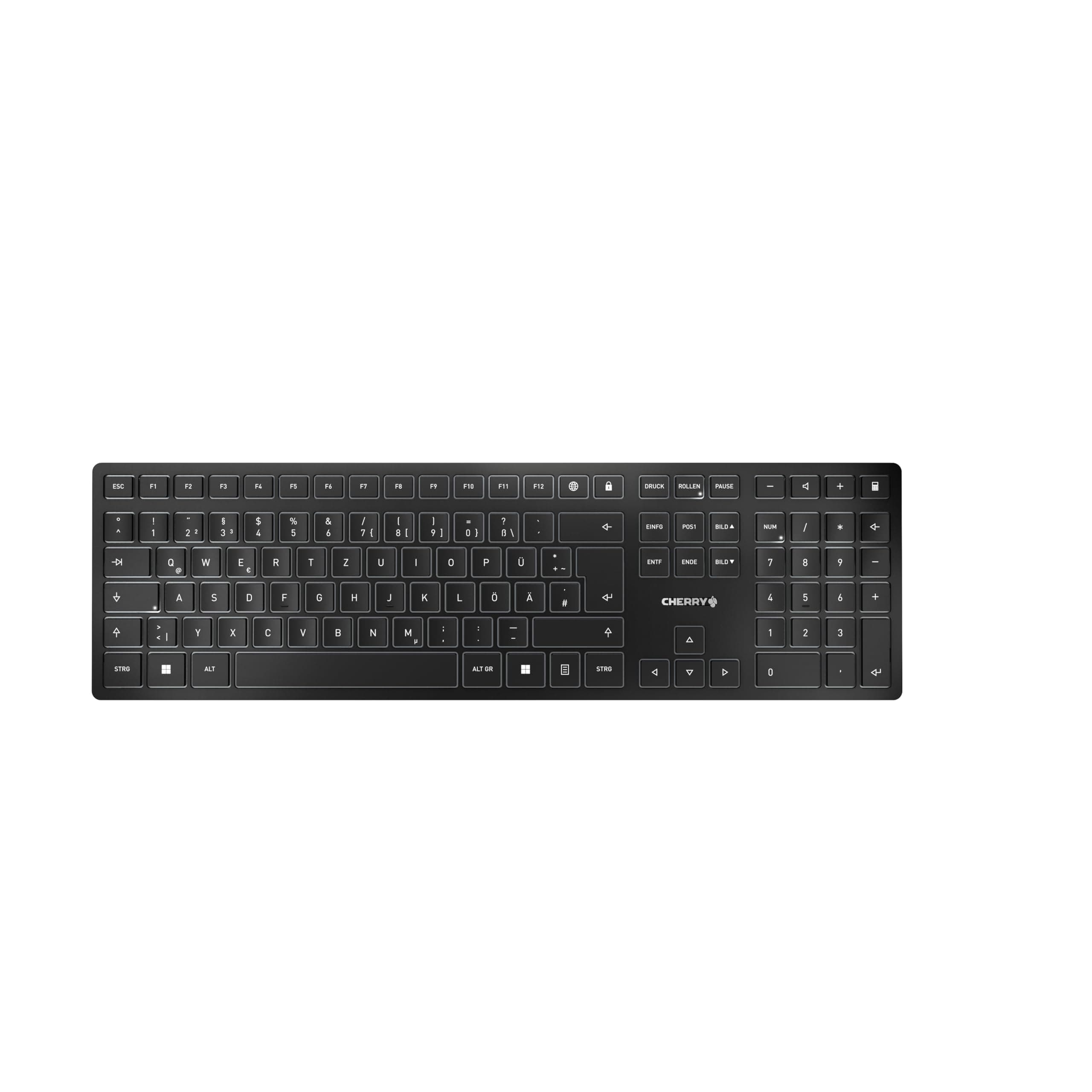 CHERRY KW 9100 Slim, kabellose Tastatur, Deutsches Layout, QWERTZ Tastatur, wahlweise Bluetooth- oder Funkverbindung, SX Scherenmechanik, wiederaufladbar über USB-Kabel, flach, Schwarz-Silber
