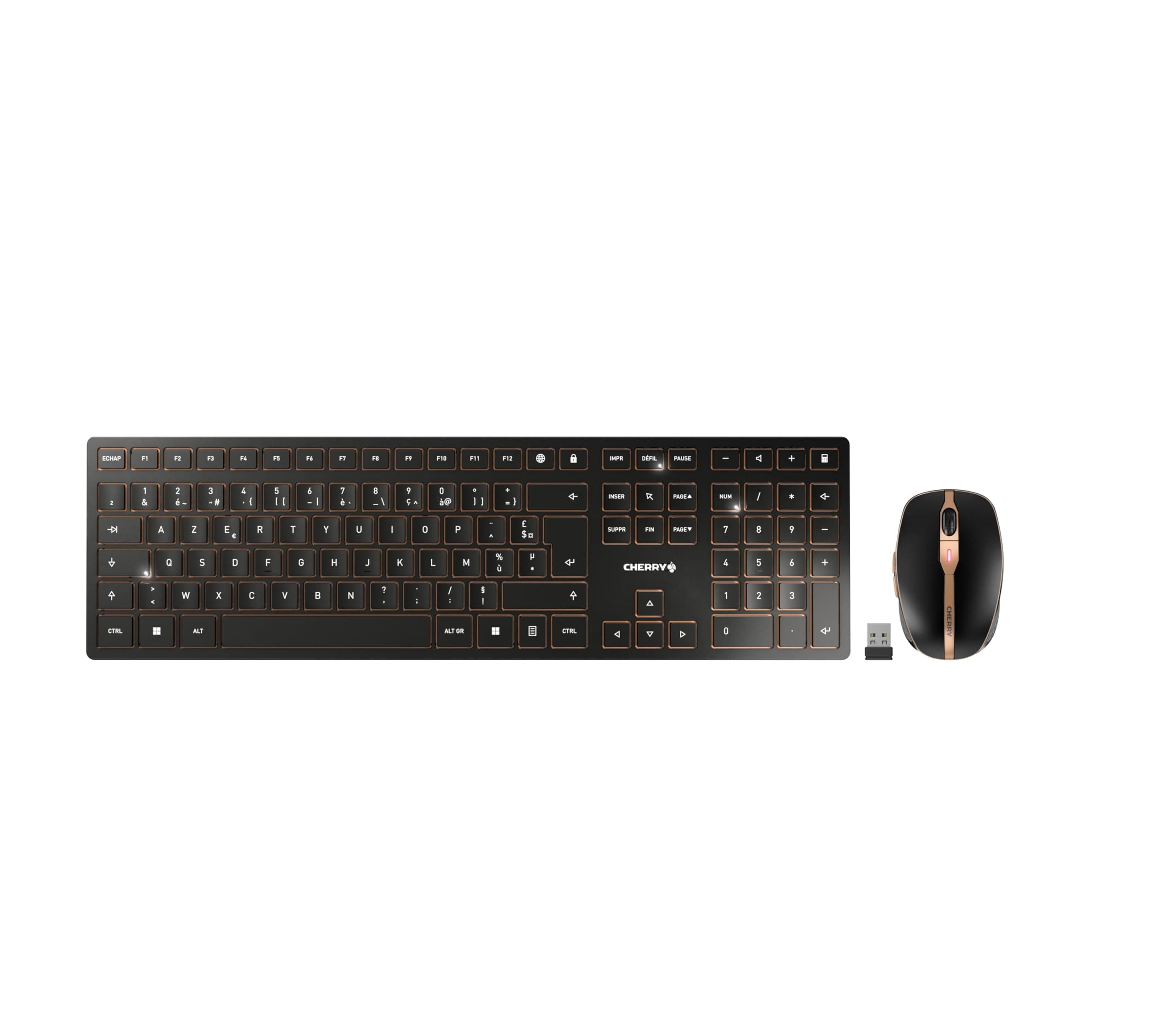 CHERRY DW 9100 Slim, kabelloses Tastatur- und Maus-Set, Belgisches Layout, AZERTY Tastatur, wiederaufladbare Akkus, SX Scherenmechanik, flüsterleiser Tastenanschlag, Schwarz-Bronze