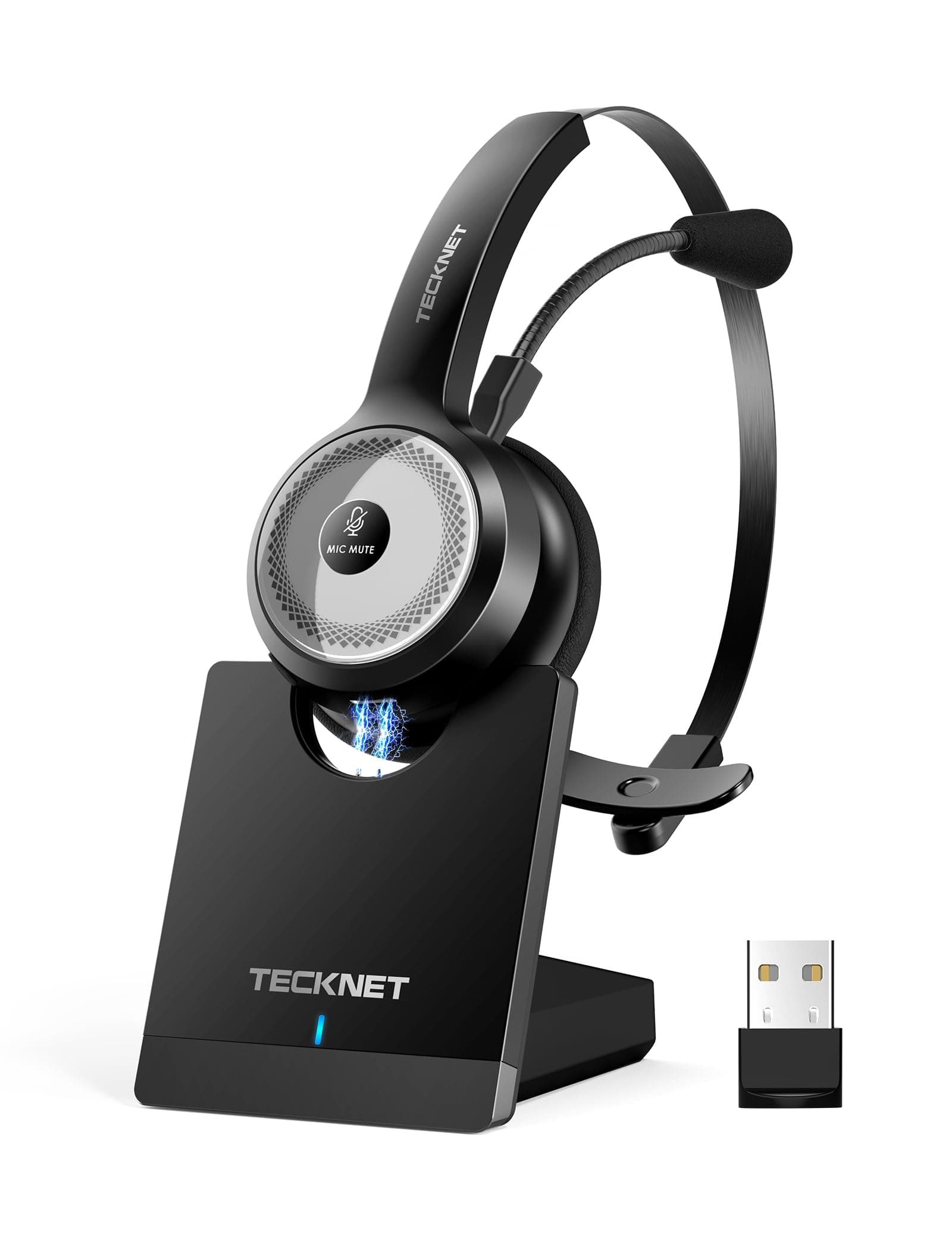 TECKNET Bluetooth PC Headset mit Mikrofon & USB Dongle [45 Std Anrufzeit & 10M Reichweite] kabelloses Headset mit Ladestation, Wireless Headset mit AI Rauschunterdrückung für Business,Büro,HomeOffice