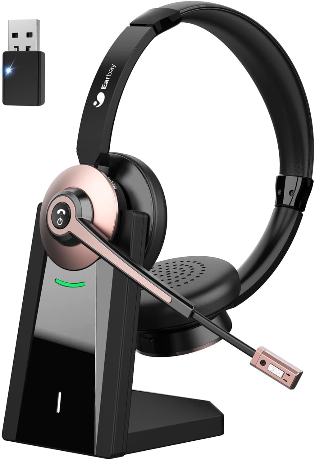 Earbay Kabelloses Headset, Bluetooth-Headset mit Mikrofon und Rauschunterdrückung & USB-Dongle, Kabellose mit Mikrofon Stummschaltung & Ladestation für Computer/Handy/Meeting/Call Center/Büro