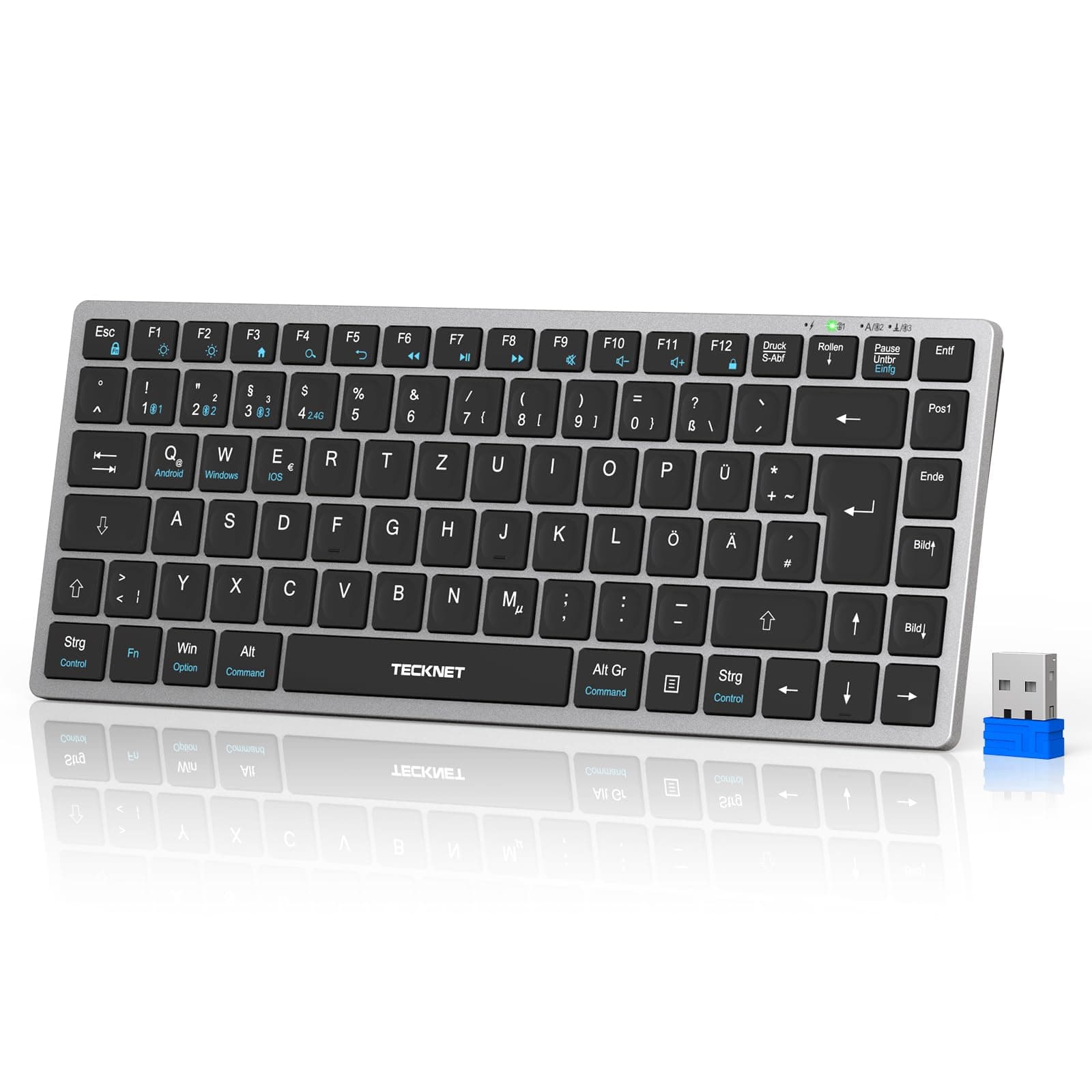 TECKNET Bluetooth Tastatur Kabellos Wiederaufladbare - (2,4G+BT) Einfacher Bis zu 4 Geräten, Funktastatur Mini Tastatur Leise, Deutsches Layout QWERTZ Ultraslim für PC, Laptop, Tablet, Smart-TV