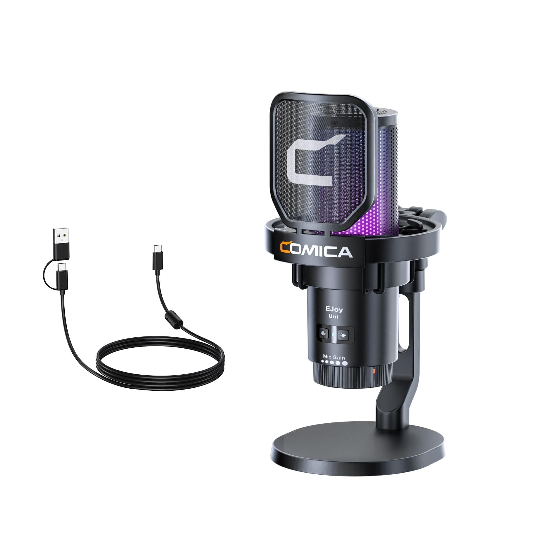COMICA EJoy Uni USB Mikrofon PC, Gaming Mikrofon für Streaming Podcast Studio, Microphone Pc für PS4/PS5/MAC mit Rauschunterdrückung, RGB-Steuerung, Stummschaltung, Gain Regler, Überwachung-Black