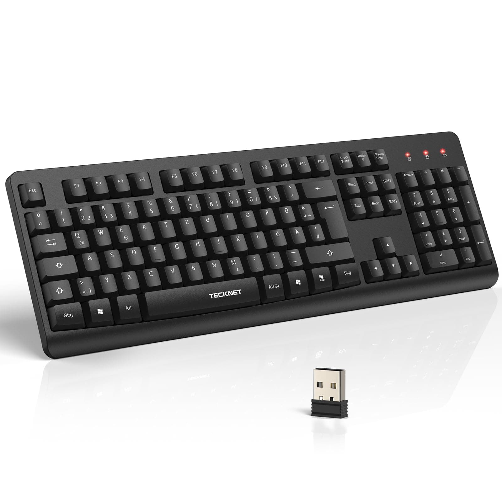 TECKNET Tastatur Kabellose, Deutsches Layout Funktastatur Leise, 2,4 GHz Kabellos, 105 Tasten Ergonomische Tastatur, Standardgröße Wireless Keyboard mit 12 Sondertasten für Computer Laptop Pc, Schwarz