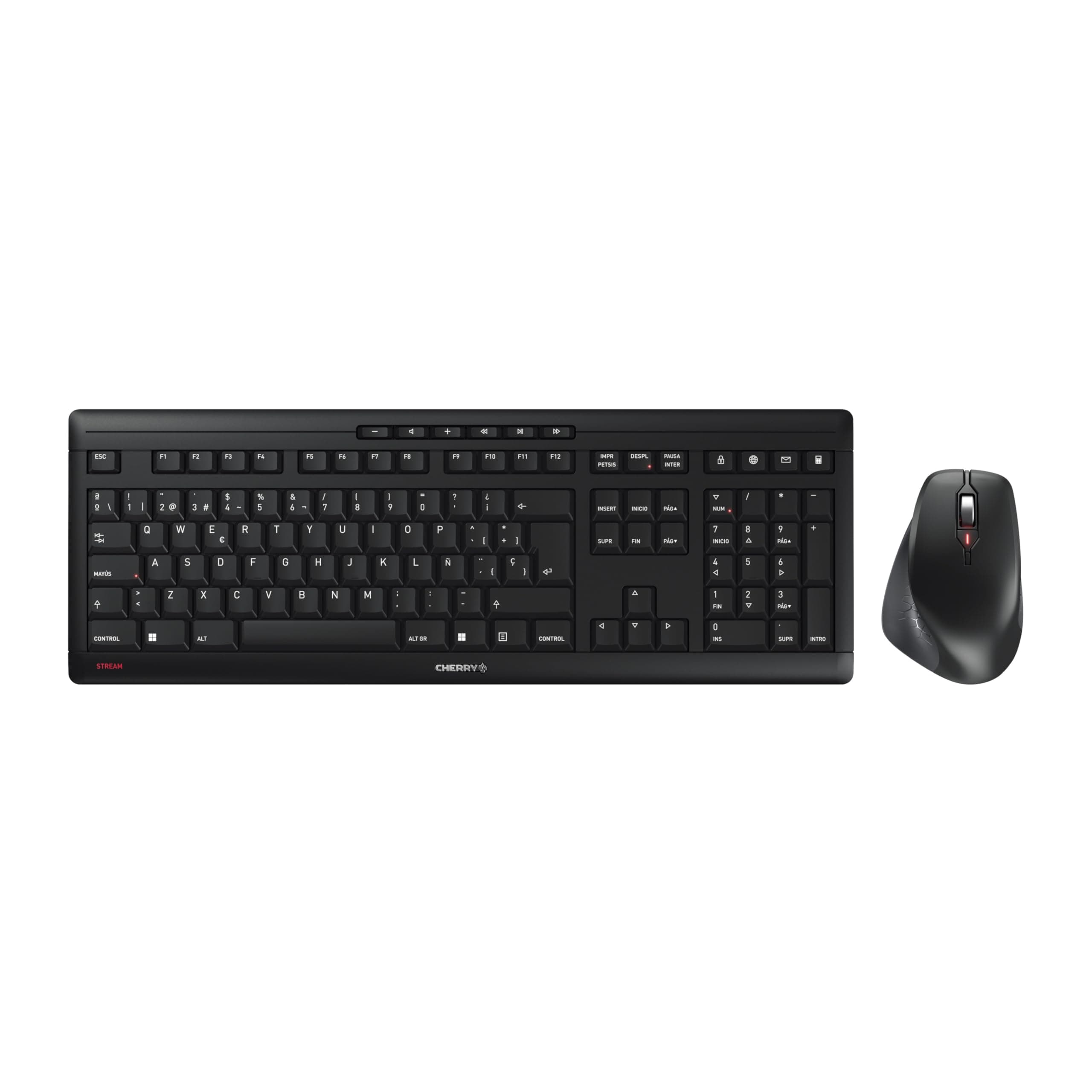 CHERRY Stream Desktop Comfort, Kabelloses Tastatur-Maus-Set, Spanisches Layout (QWERTY), 2,4 GHz Funk, Leise Tasten, Ergonomische Rechtshändermaus, Schwarz
