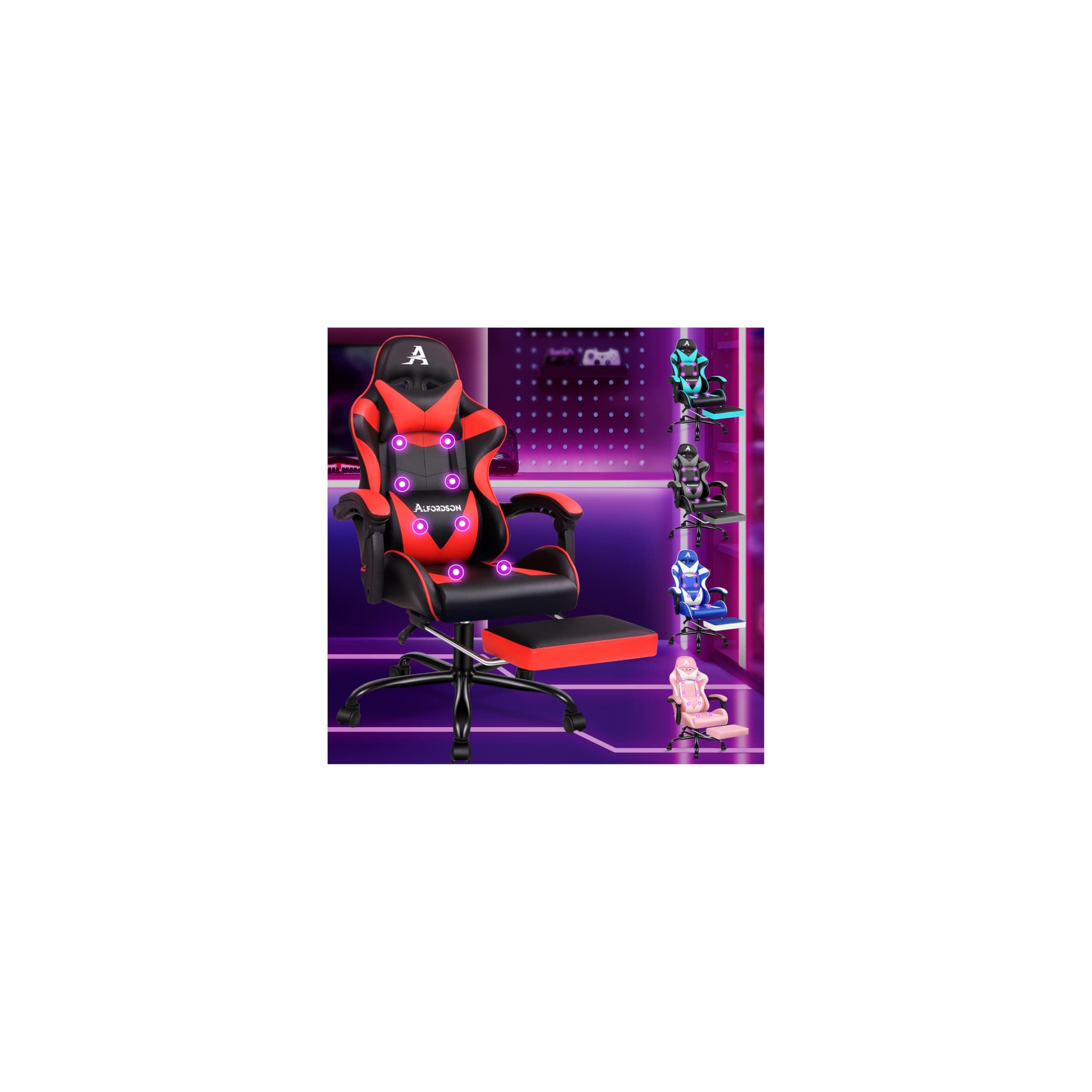ALFORDSON Gaming-Massagestuhl, Racing-Stuhl mit Kopfstütze, ergonomischer Schreibtischstuhl, Liegesessel, klappbare Fußstütze, atmungsaktives PU-Leder, höhenverstellbar, 180 kg Tragkraft, Rot