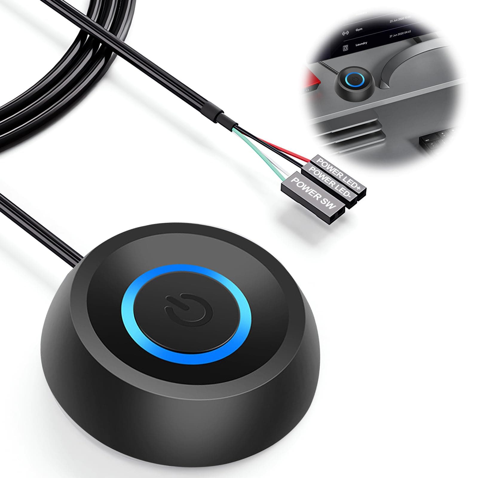 BOBOPACK Runder PC Power Button mit Kabellänge 1,8 m, Externer Fernstart Schalter für den Netzschalter des Computer-Mainboards, mit LED Anzeige, Geeignet für Desktop Computer (Schwarz)